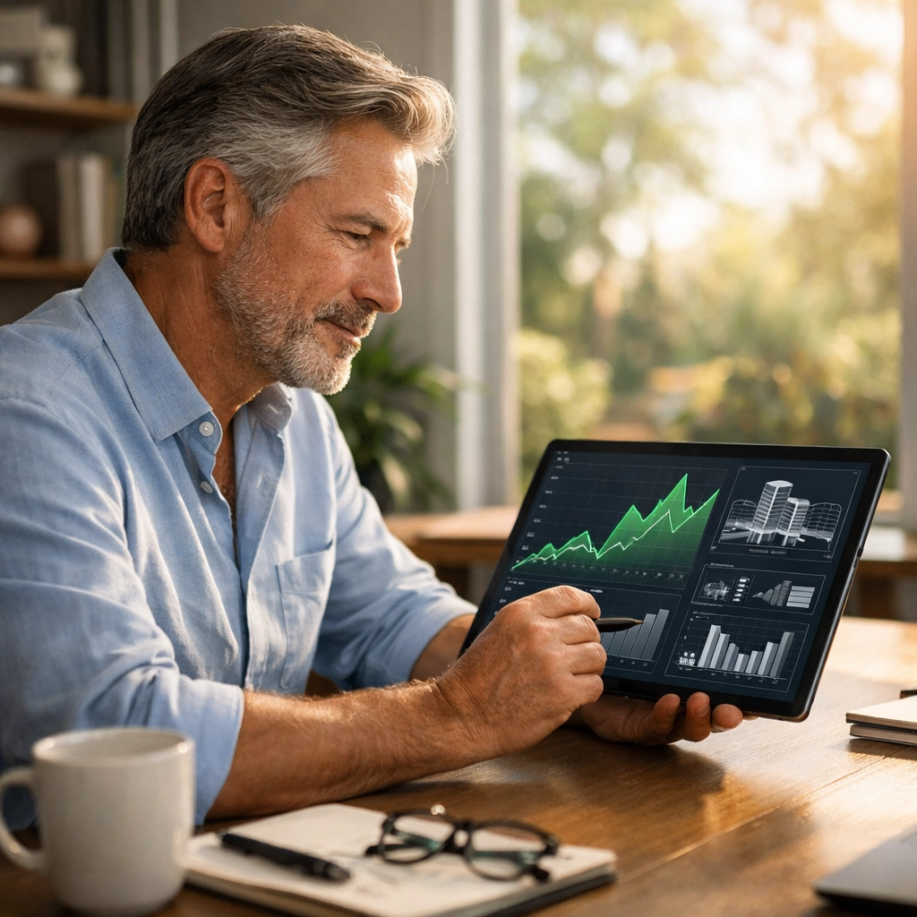 A retired professional reviews engineered financial data on a tablet during a comprehensive retirement margin audit. A retired professional reviews engineered financial data on a tablet during a comprehensive retirement margin audit.