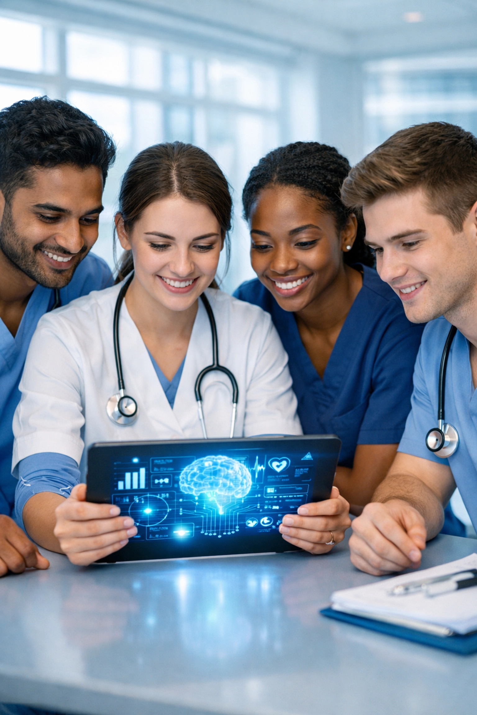 Medical residents training with AI documentation tools in modern hospital setting