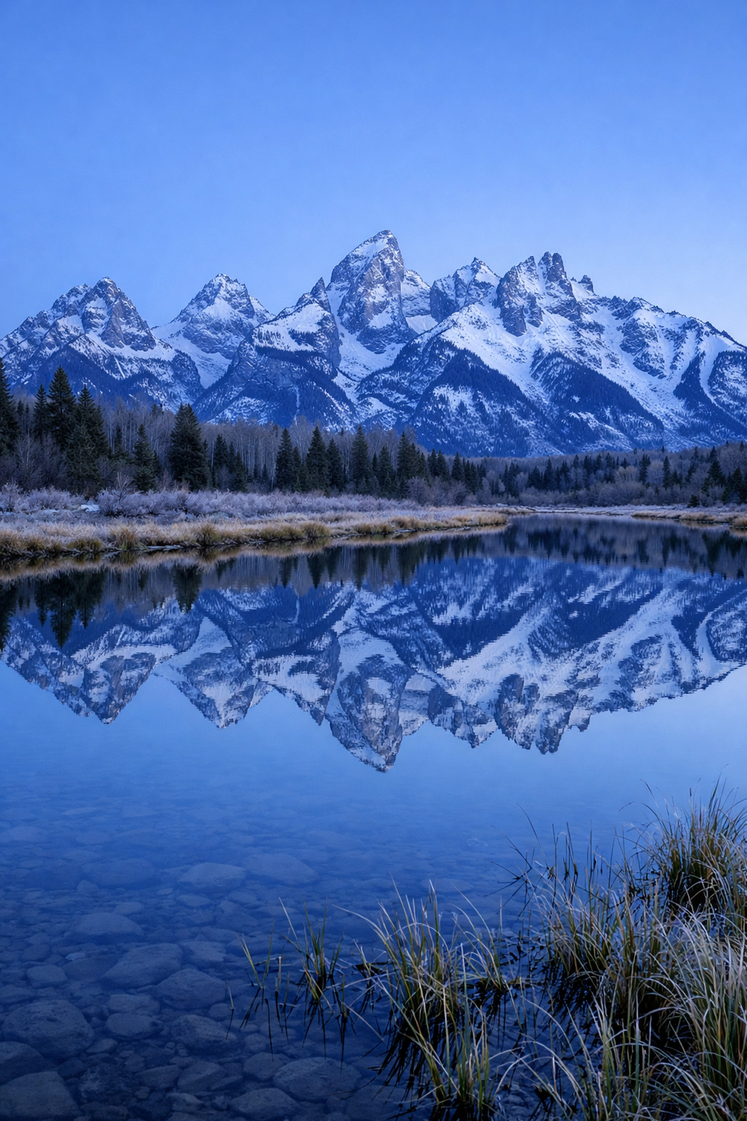 Grand Teton mountain reflection at Schwabacher Landing, one of the best sunrise spots in the US.