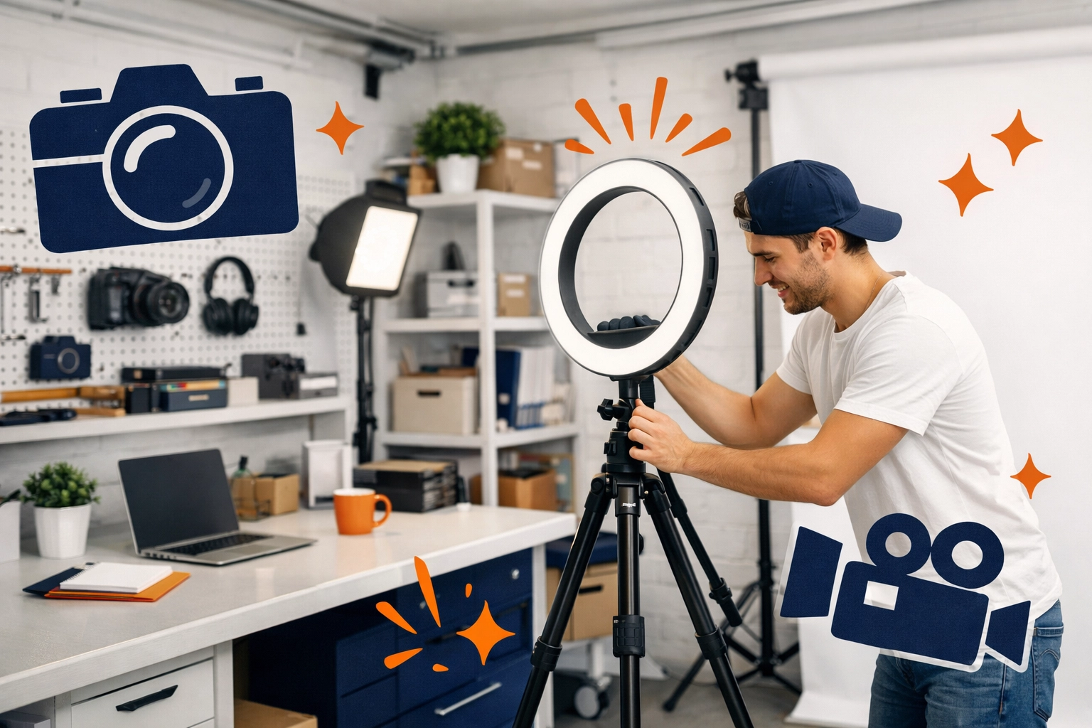 Entrepreneur using a garage as a professional content creation studio with a tripod and lighting.