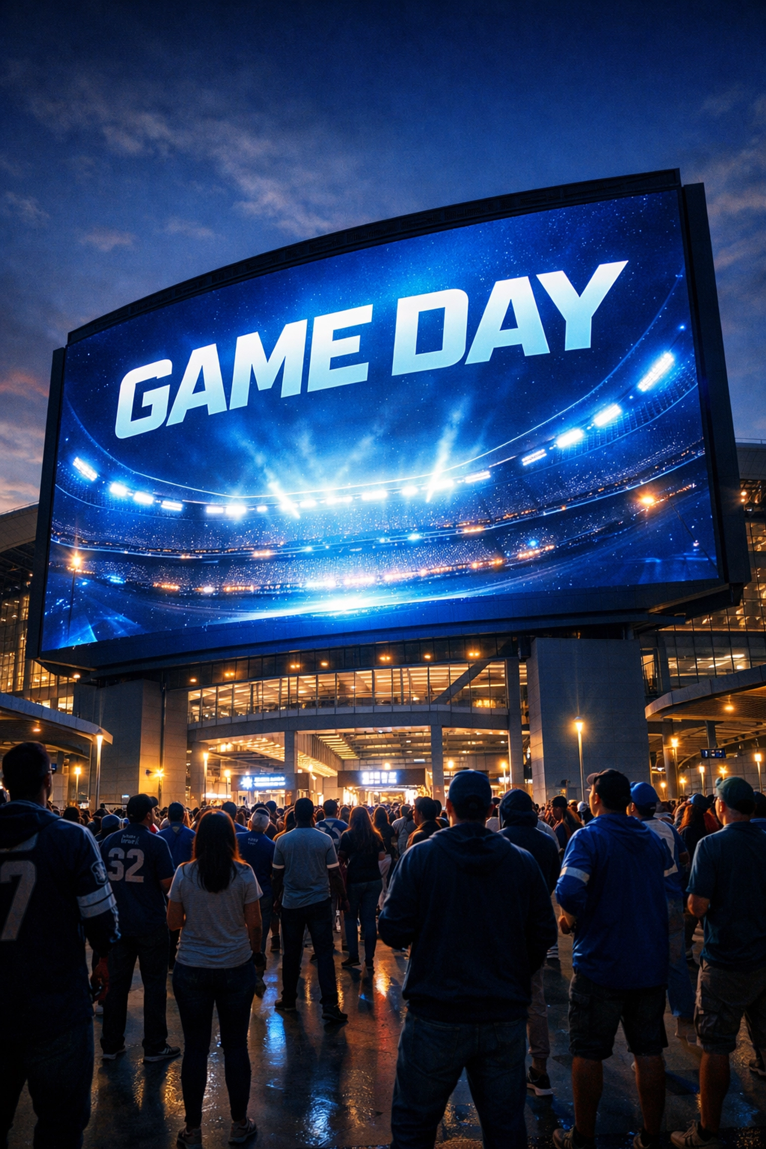 Large digital billboard display at a modern sports stadium entrance reaching fans during game night.