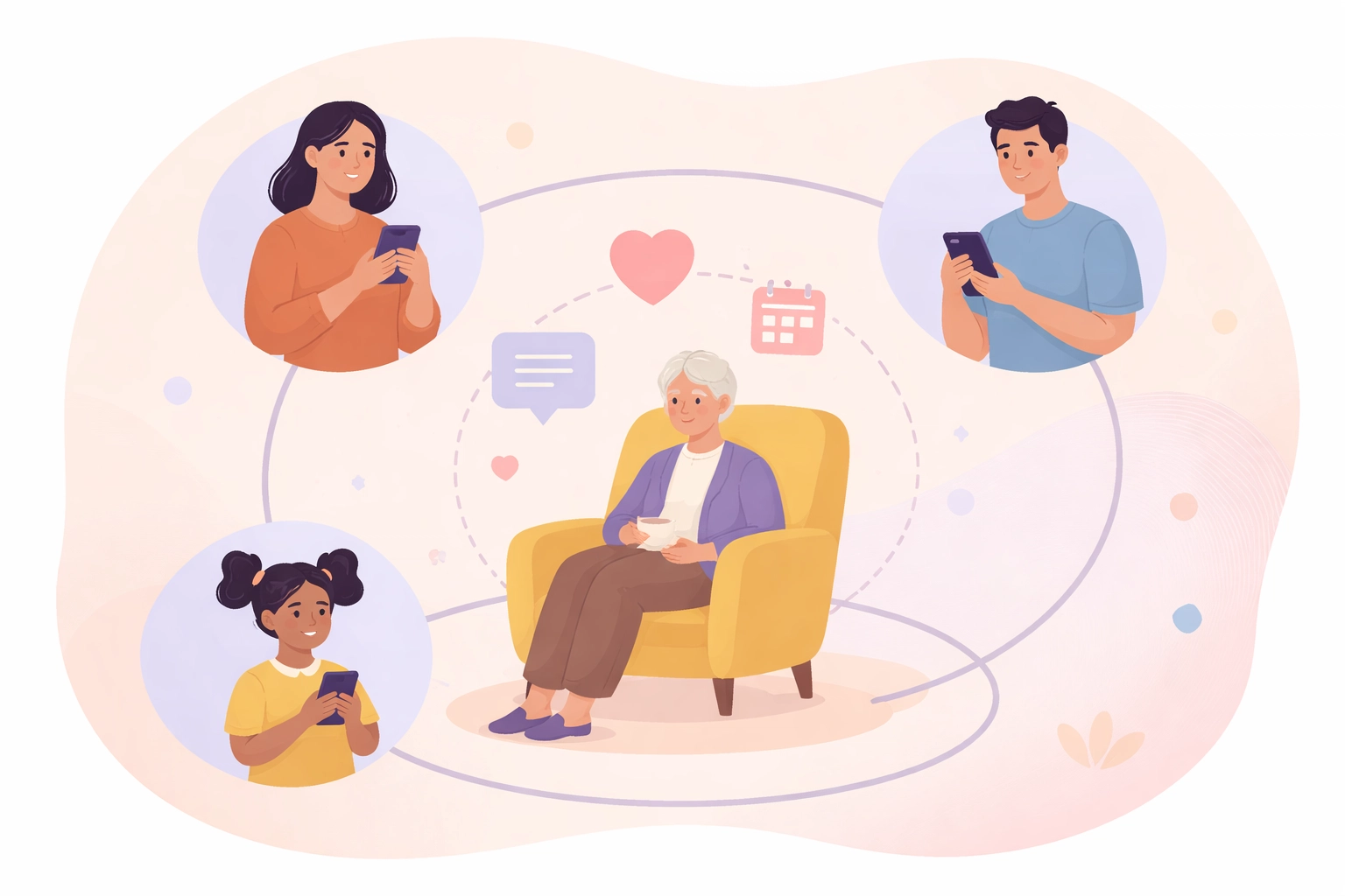 Illustration of a multigenerational family using a caregiver app to stay connected and manage elder care together.