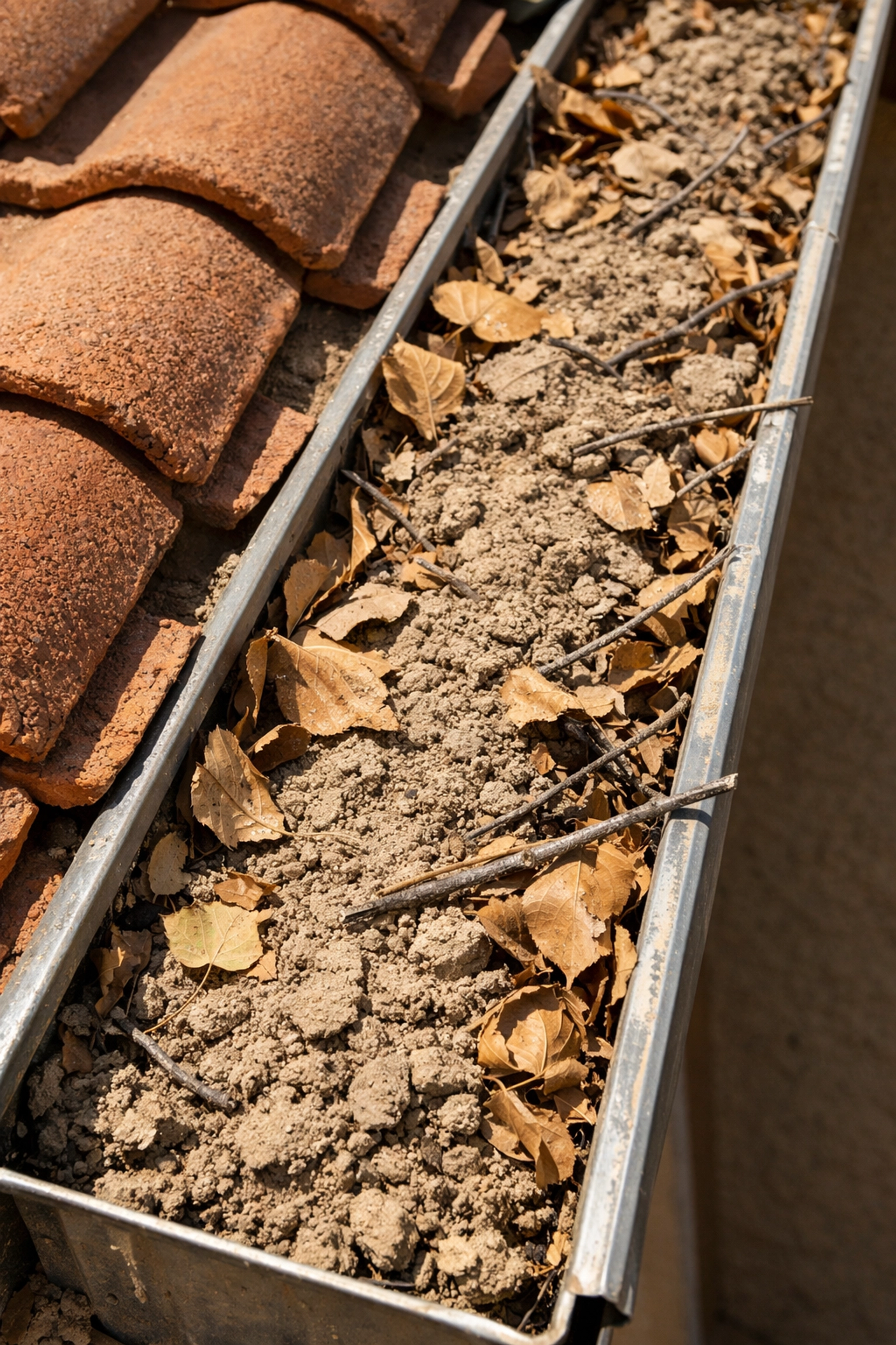 Debris and dirt clogging a residential gutter next to terracotta roof tiles in Arizona.
