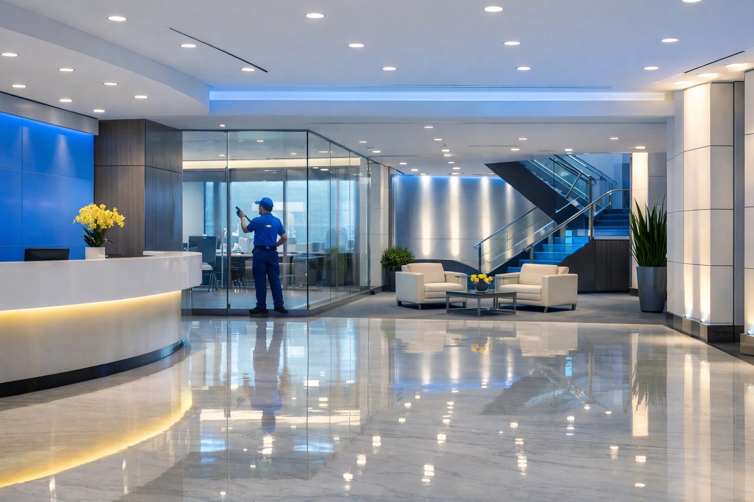 Professional commercial deep cleaning of a high-end office lobby and reception in Massachusetts.
