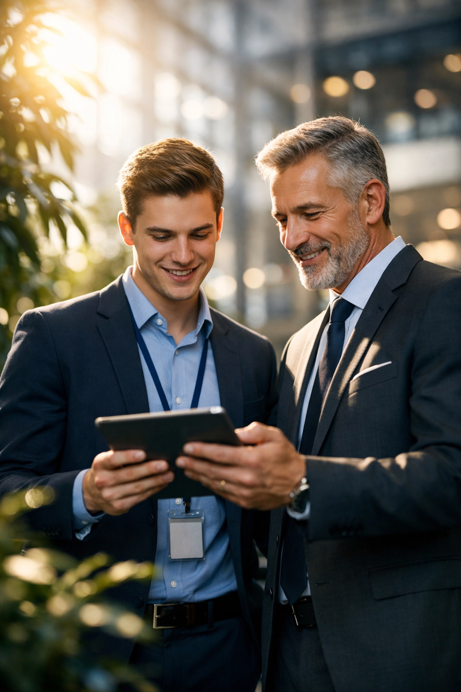A senior mentor and young intern discussing professional tech projects in a modern corporate office.