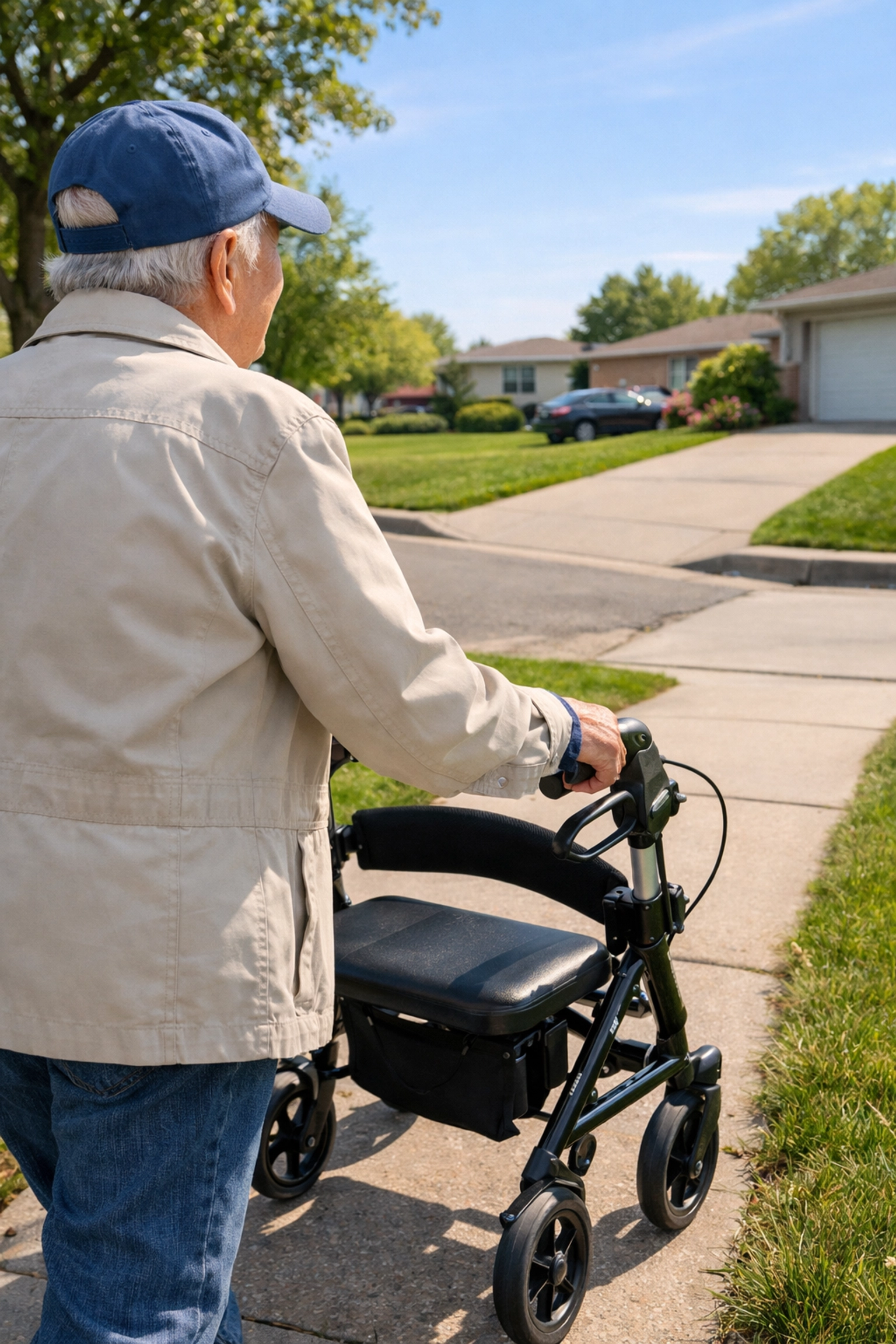 Active senior walking safely with a four-wheel rollator on a smooth outdoor neighborhood sidewalk.