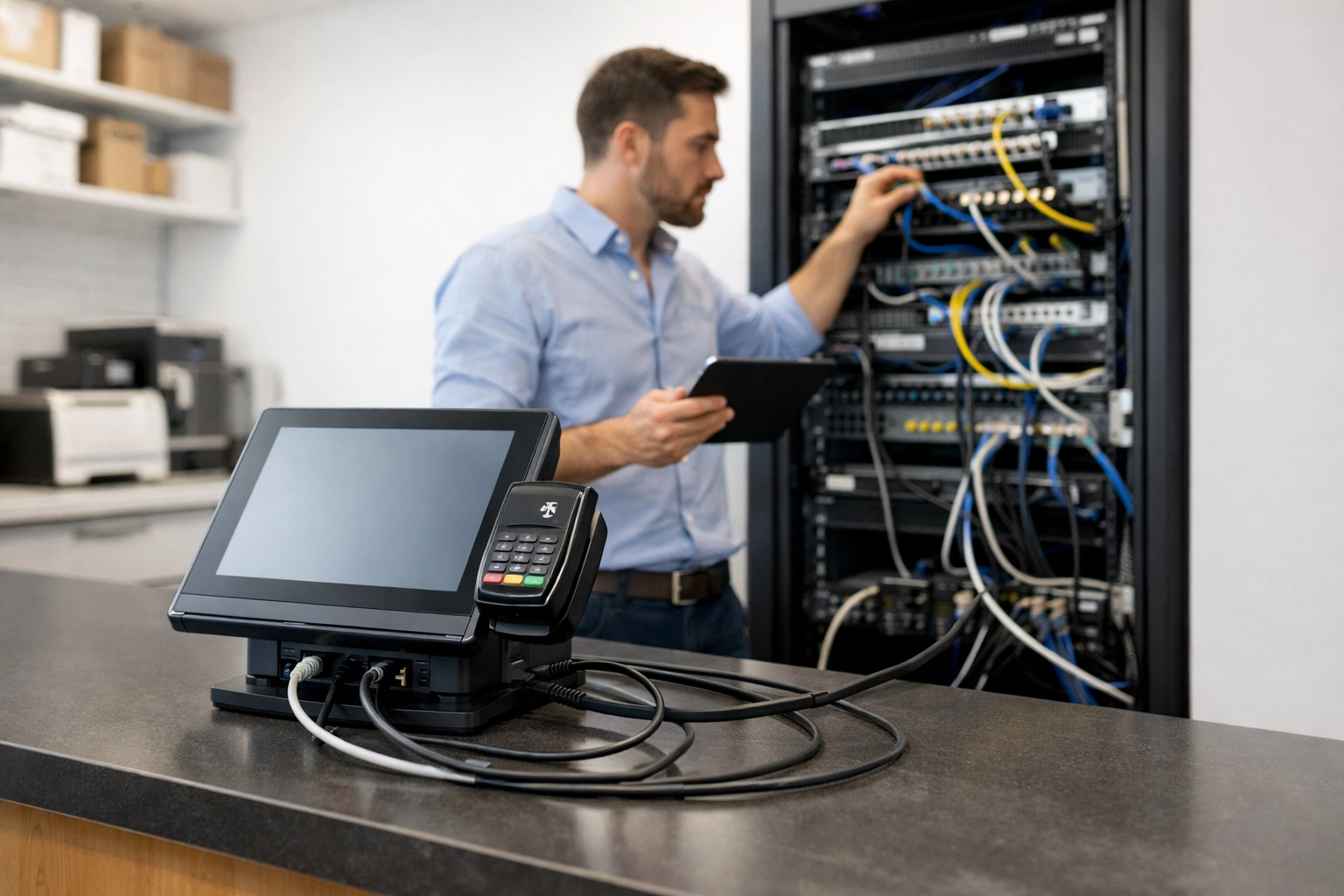 Technician managing POS system integration with ServiceNow in retail back-office