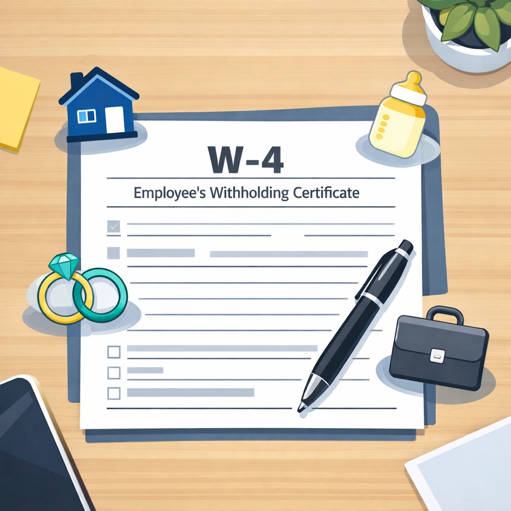 W-4 tax withholding form surrounded by life event icons for tax planning optimization