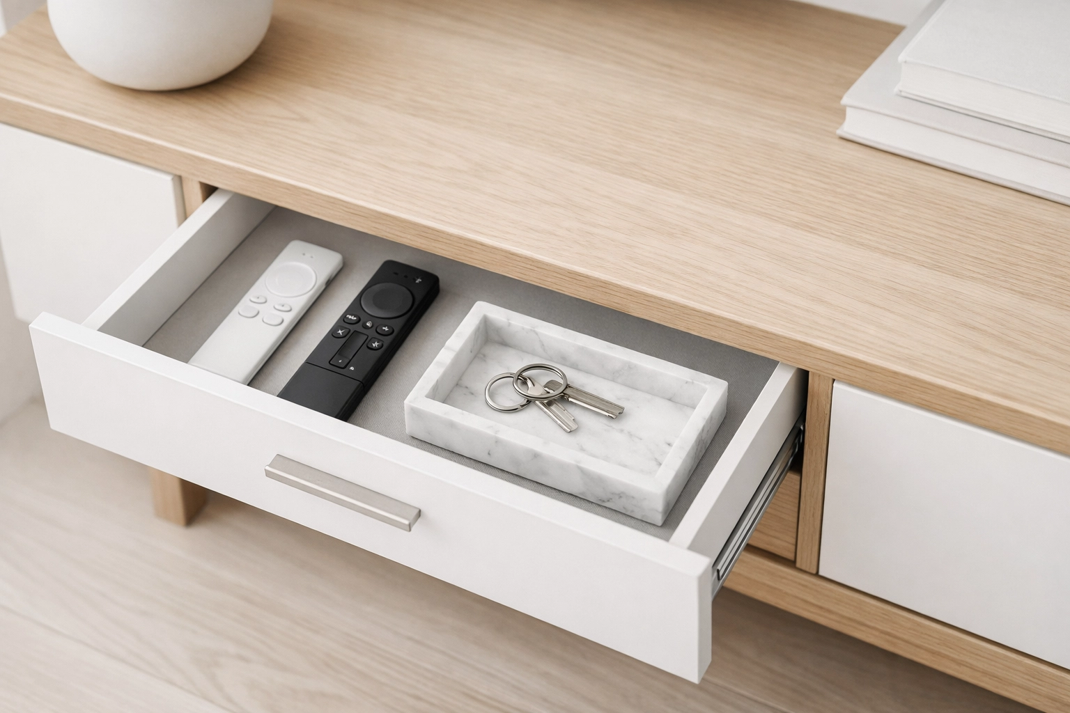 Minimalist storage drawer in a modern TV stand illustrating luxury home organization.