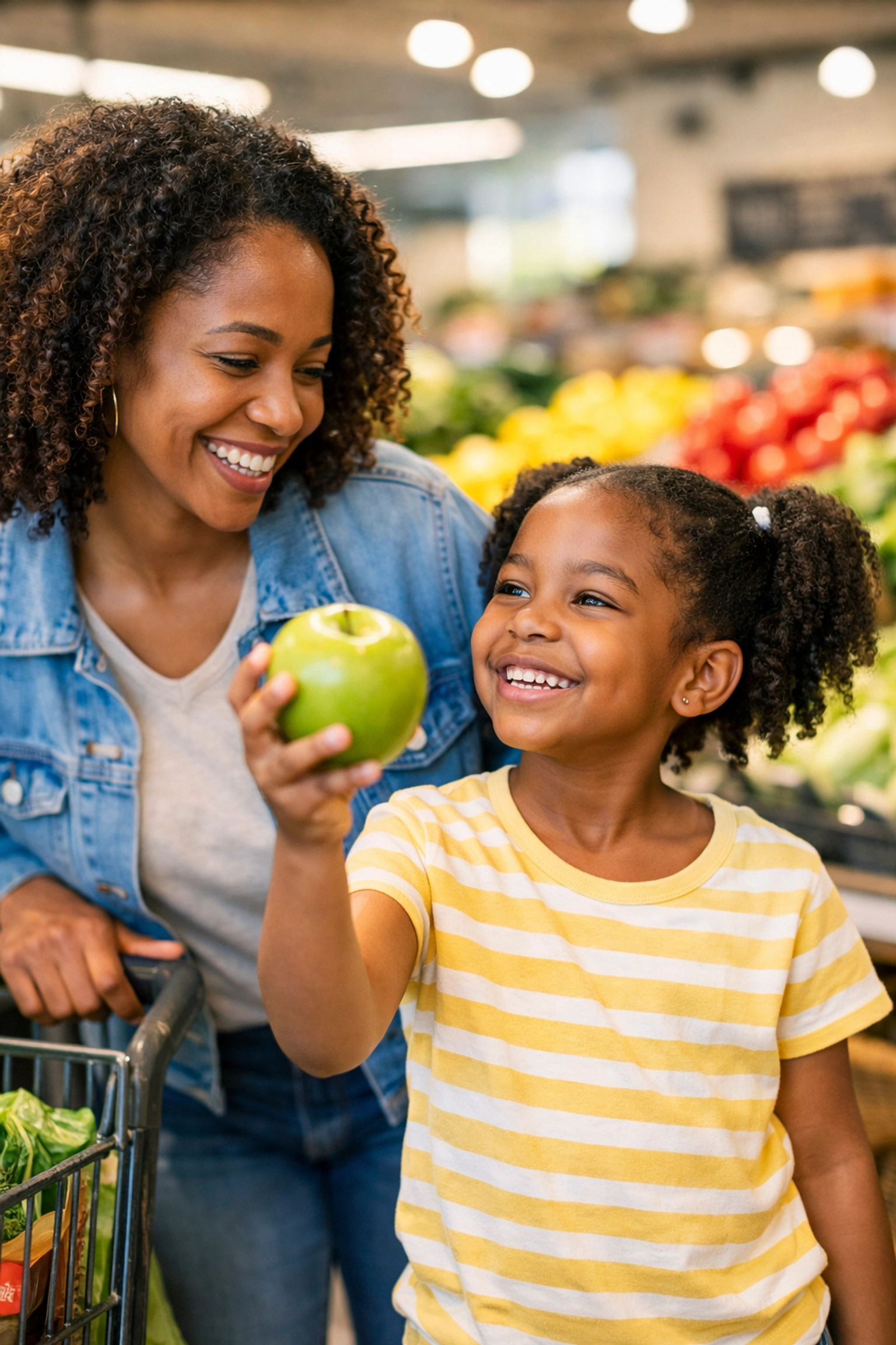 A mother and daughter choosing fresh fruit while using SNAP food assistance benefits at a local grocery store.