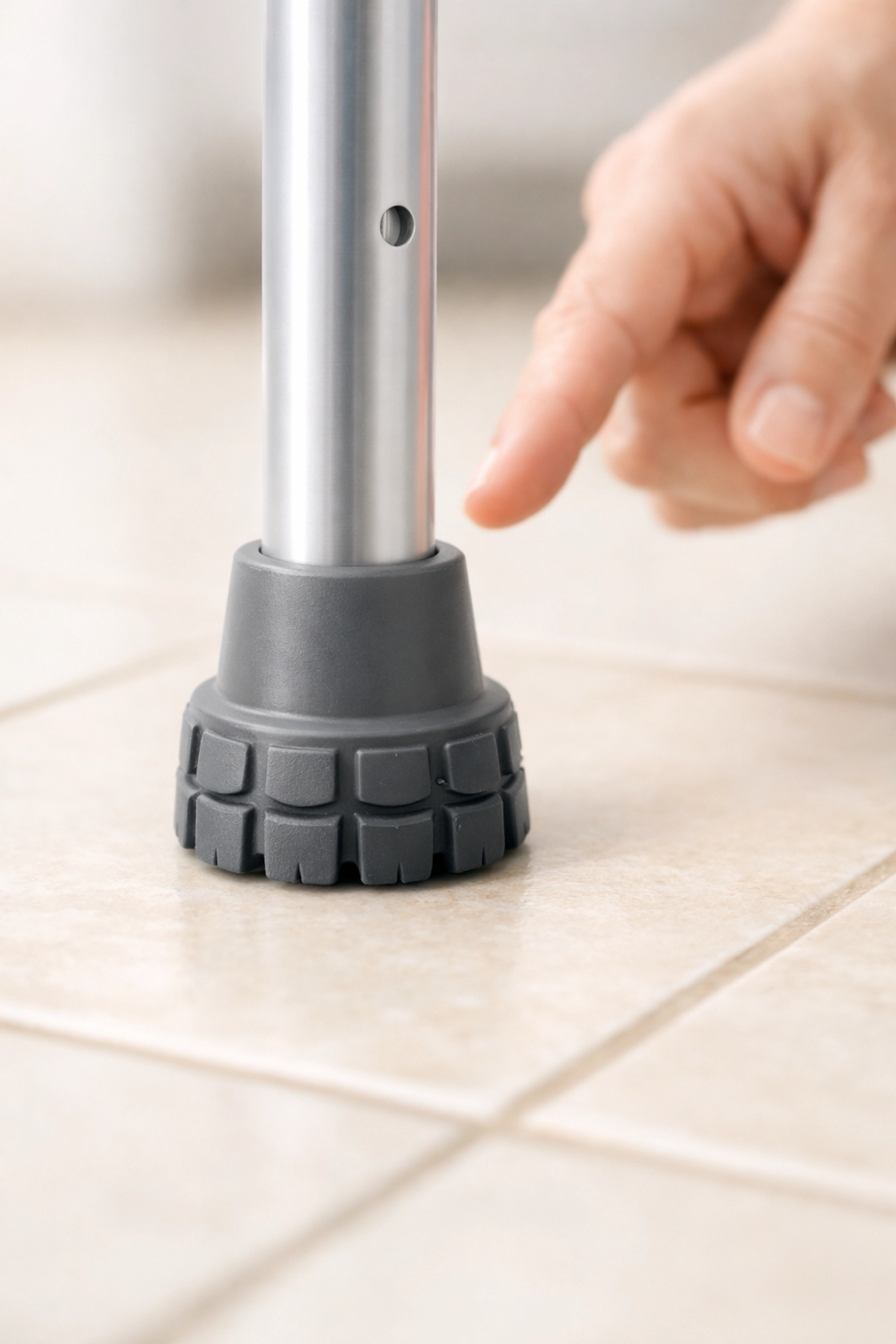 New high-traction rubber walker tip on a tile floor to prevent slipping and ensure mobility aid safety.