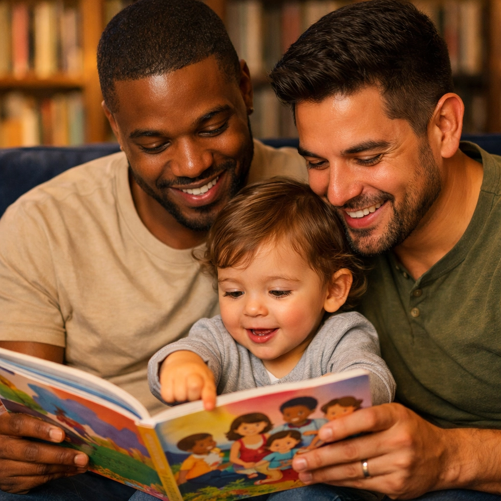 Diverse gay fathers reading an inclusive book to their toddler, celebrating found family and queer parenting.