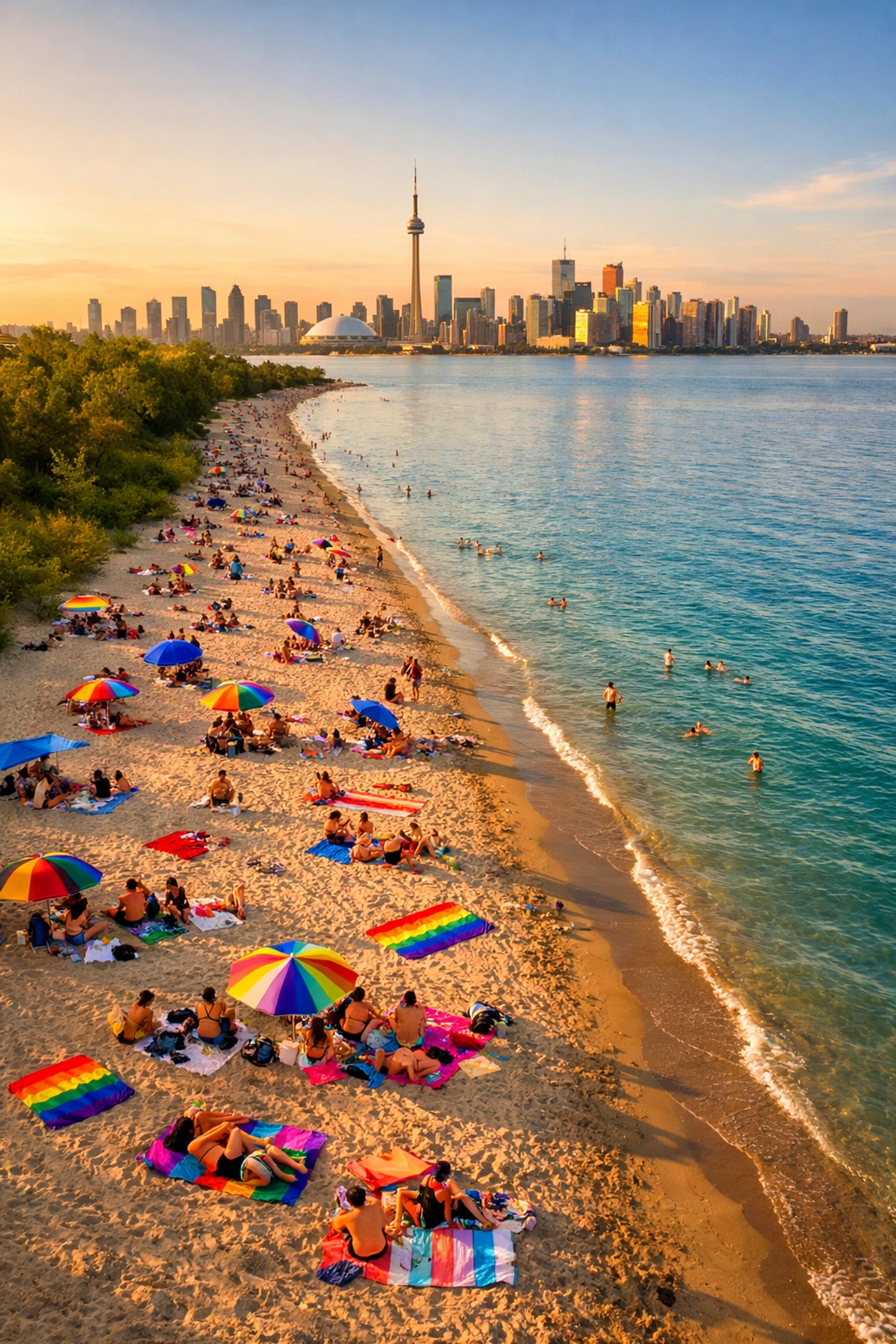 Hanlan's Point Beach aerial view with Toronto skyline and LGBTQ+ beachgoers on Lake Ontario