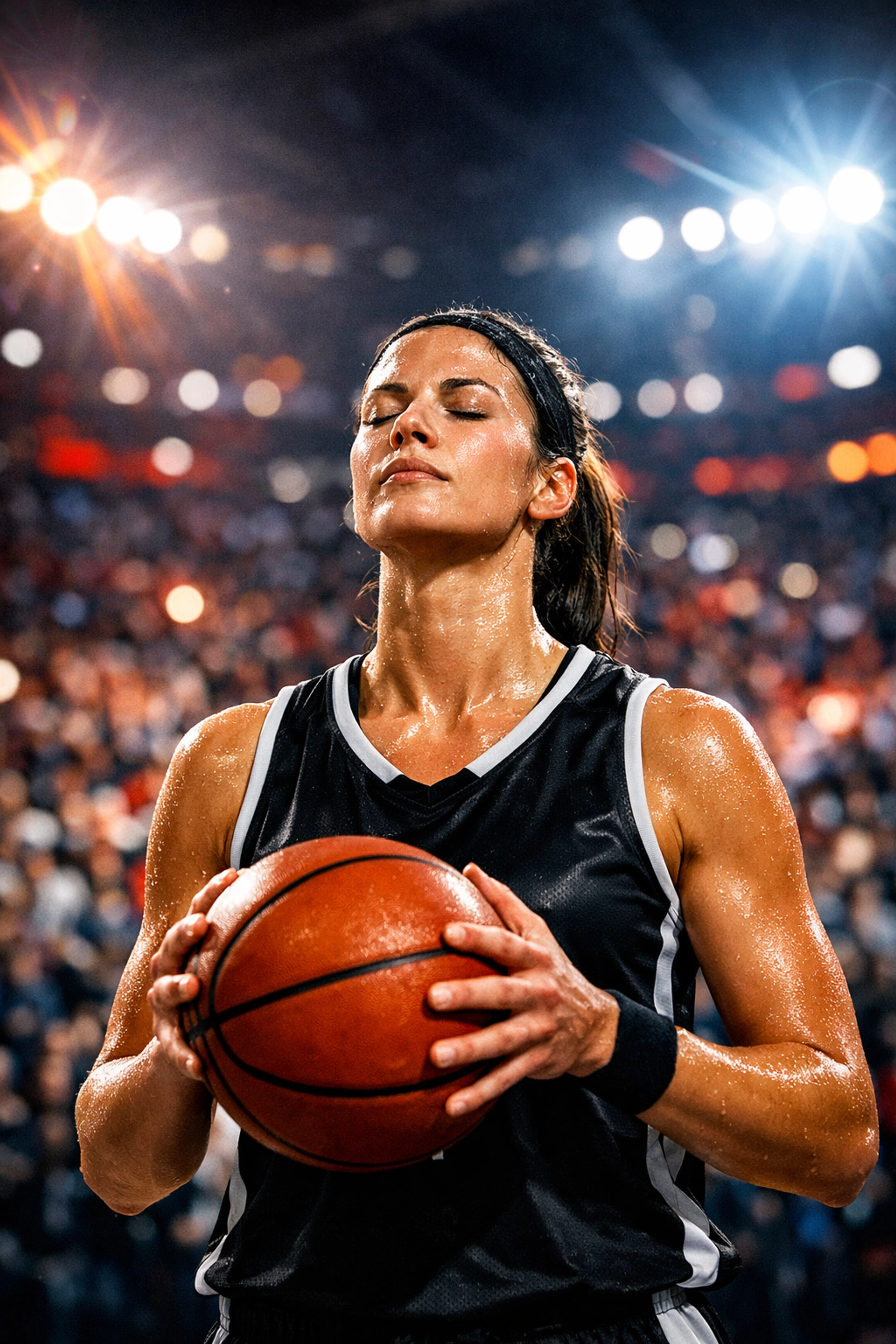 Professional basketball player practicing controlled breathing and focus at the free-throw line during a game.