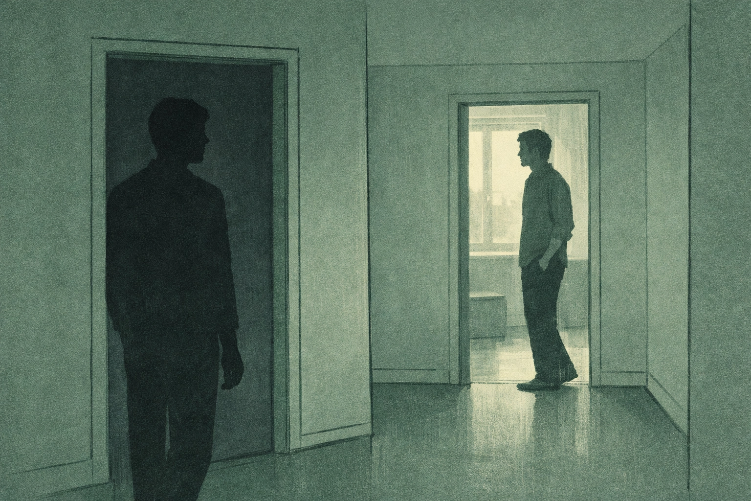 Two men in separate doorways of blended family home, illustrating emotional distance in MM romance