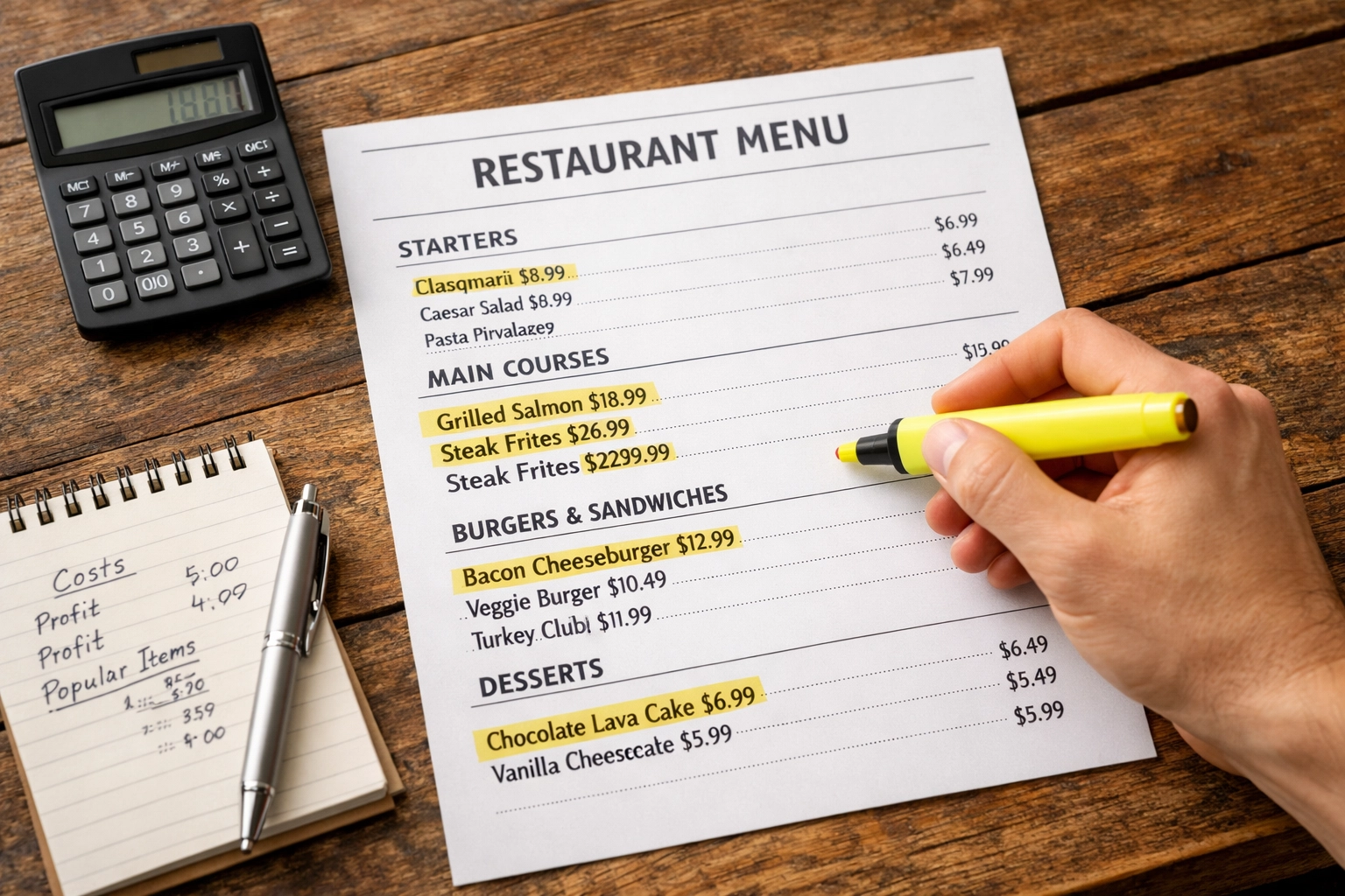 Restaurant menu engineering analysis with calculator for food cost optimization
