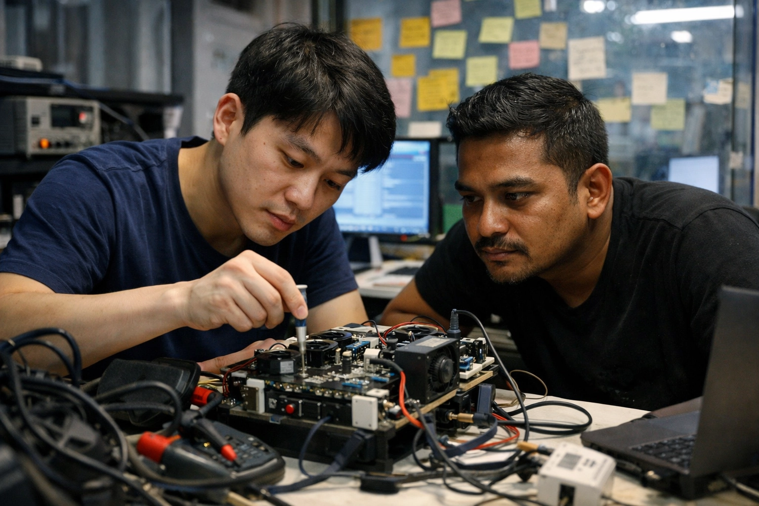 Engineers collaborate on deep-tech AI prototypes at a Singapore innovation hub to bridge Korean and Southeast Asian markets.