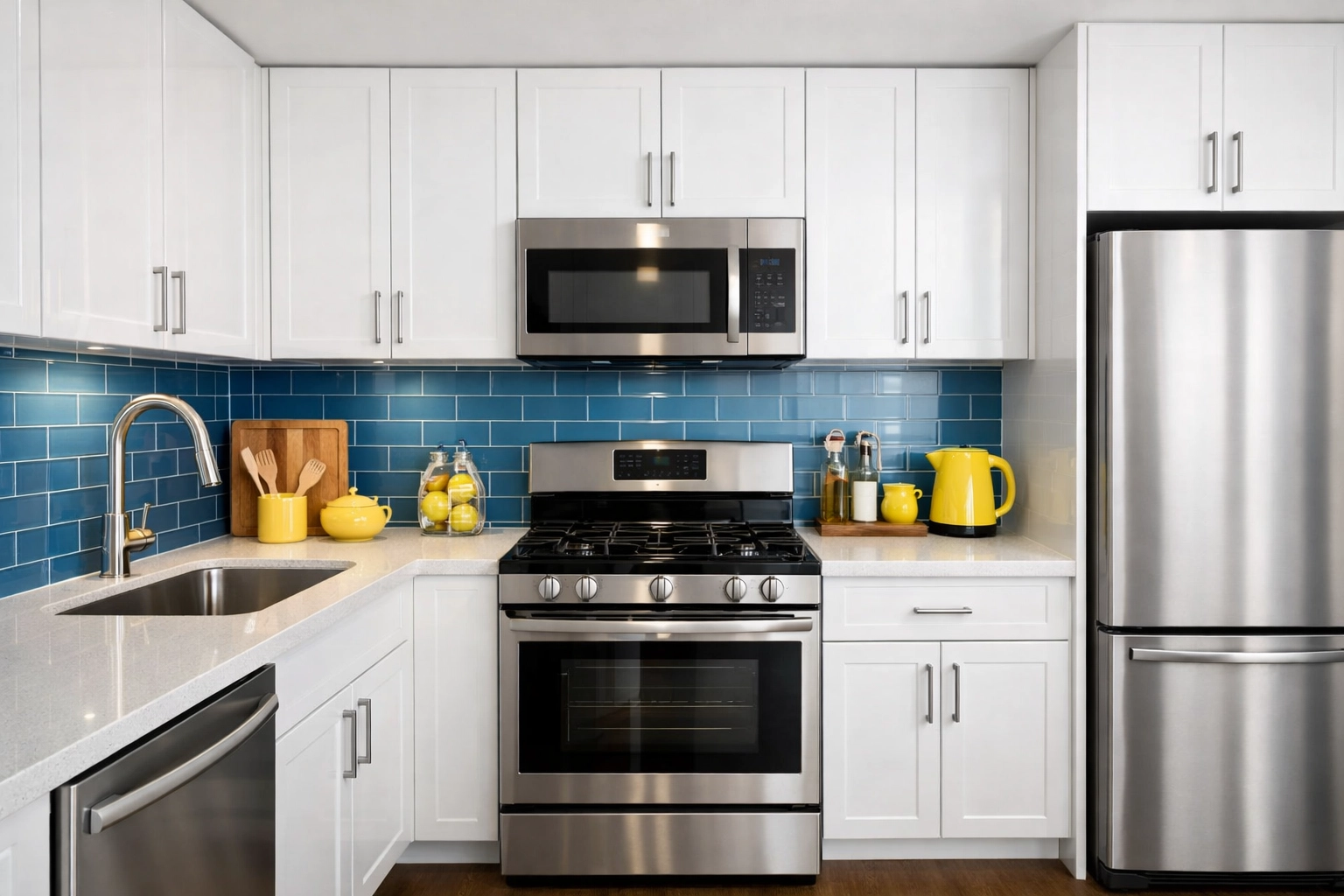 Immaculate apartment kitchen with white cabinets and sanitized surfaces following deep cleaning in Holliston.