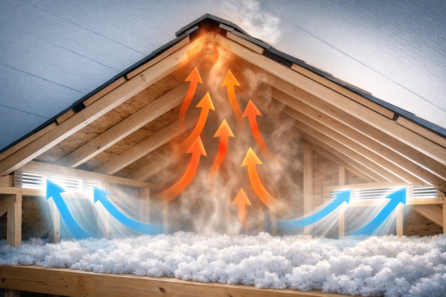 Attic roof ventilation system showing airflow from soffit intake vents to ridge exhaust vents