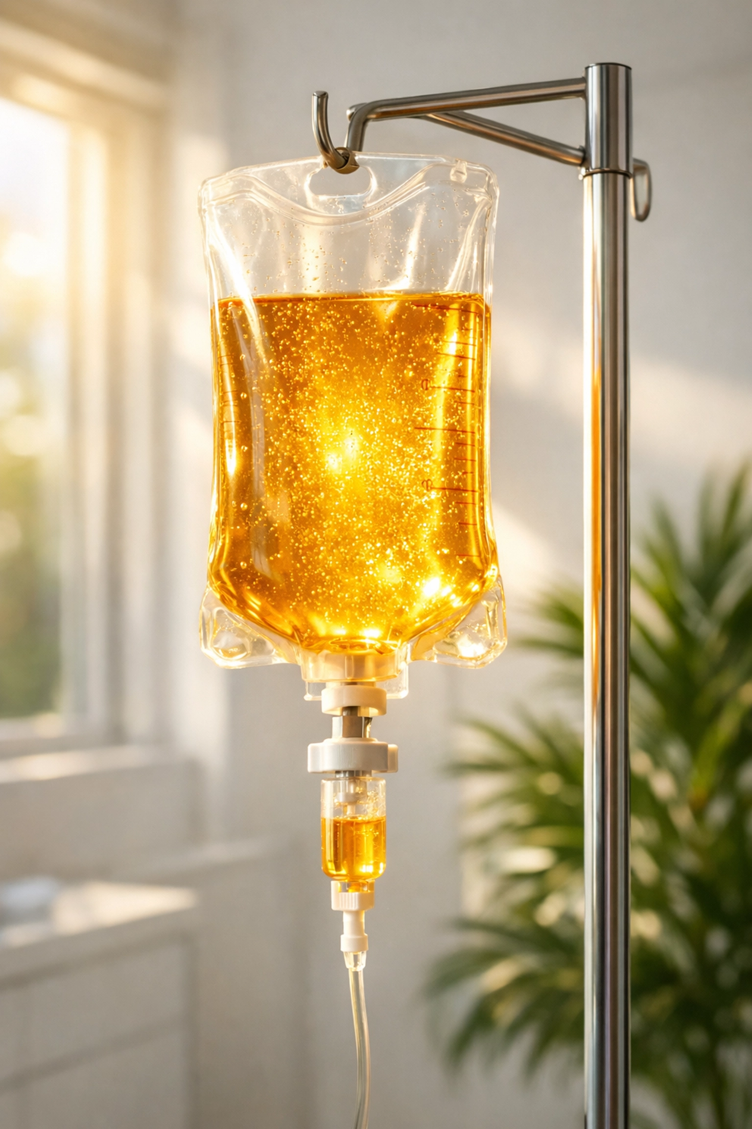 Premium IV therapy infusion bag with golden nutrients in a modern Delray Beach wellness center.