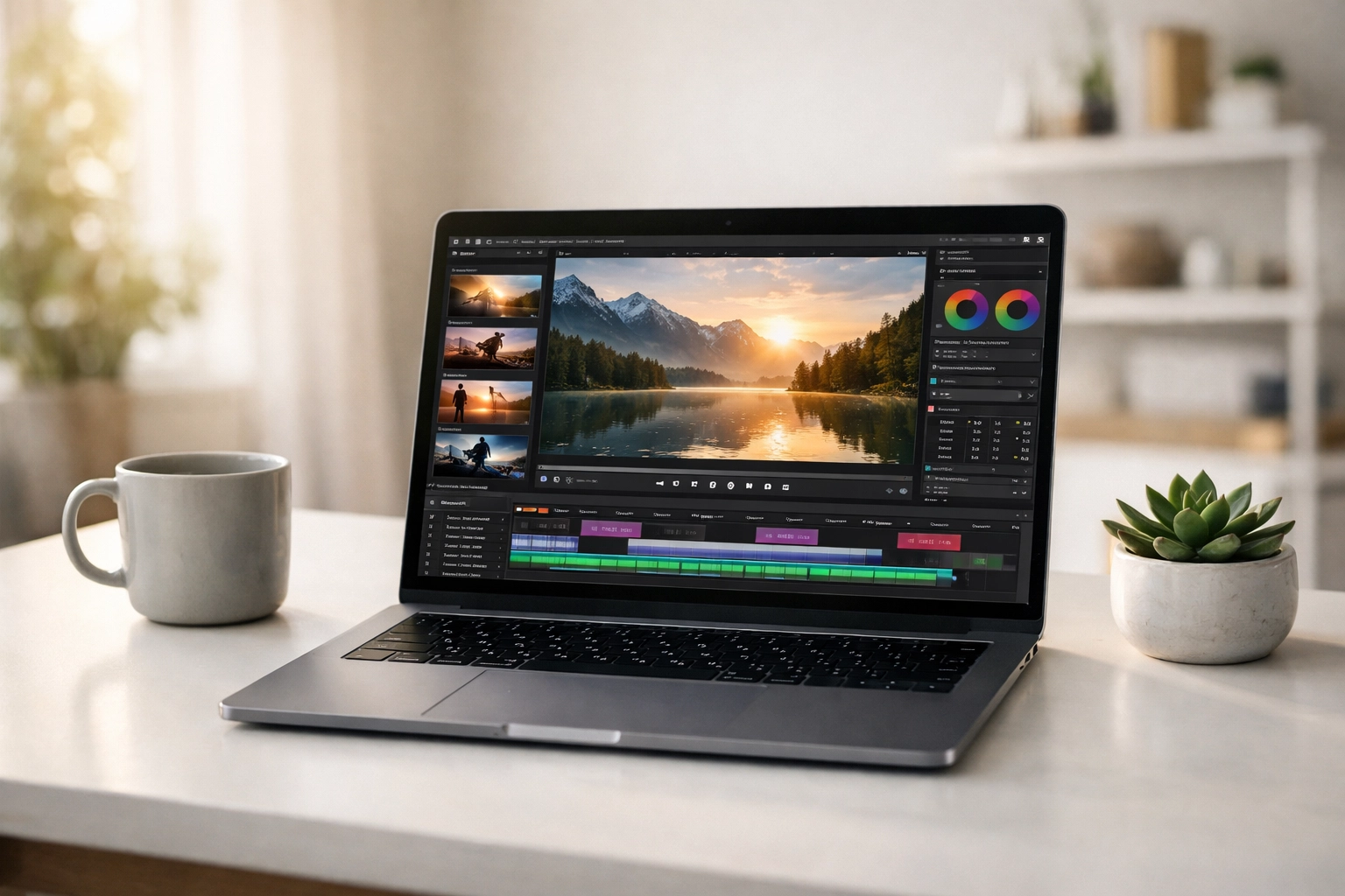 A laptop displaying high-definition AI video editing software for professional content marketing.