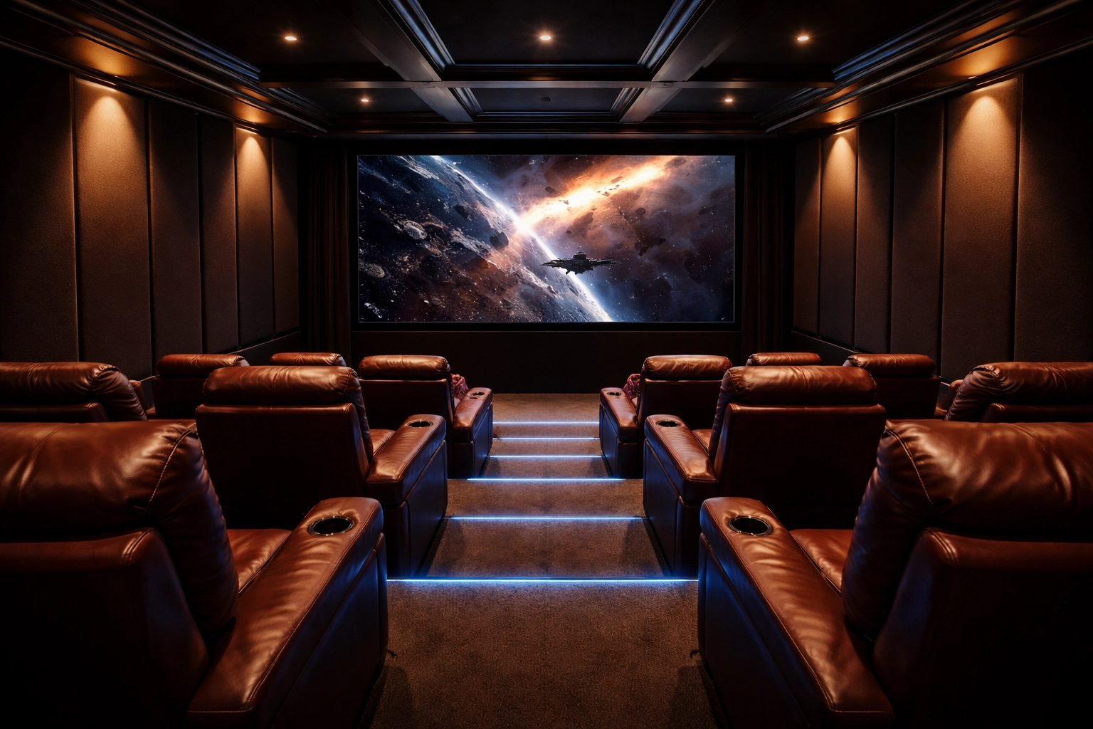 Luxury dedicated home theater in Minneapolis with plush recliners, tiered seating, and immersive cinematic setup.
