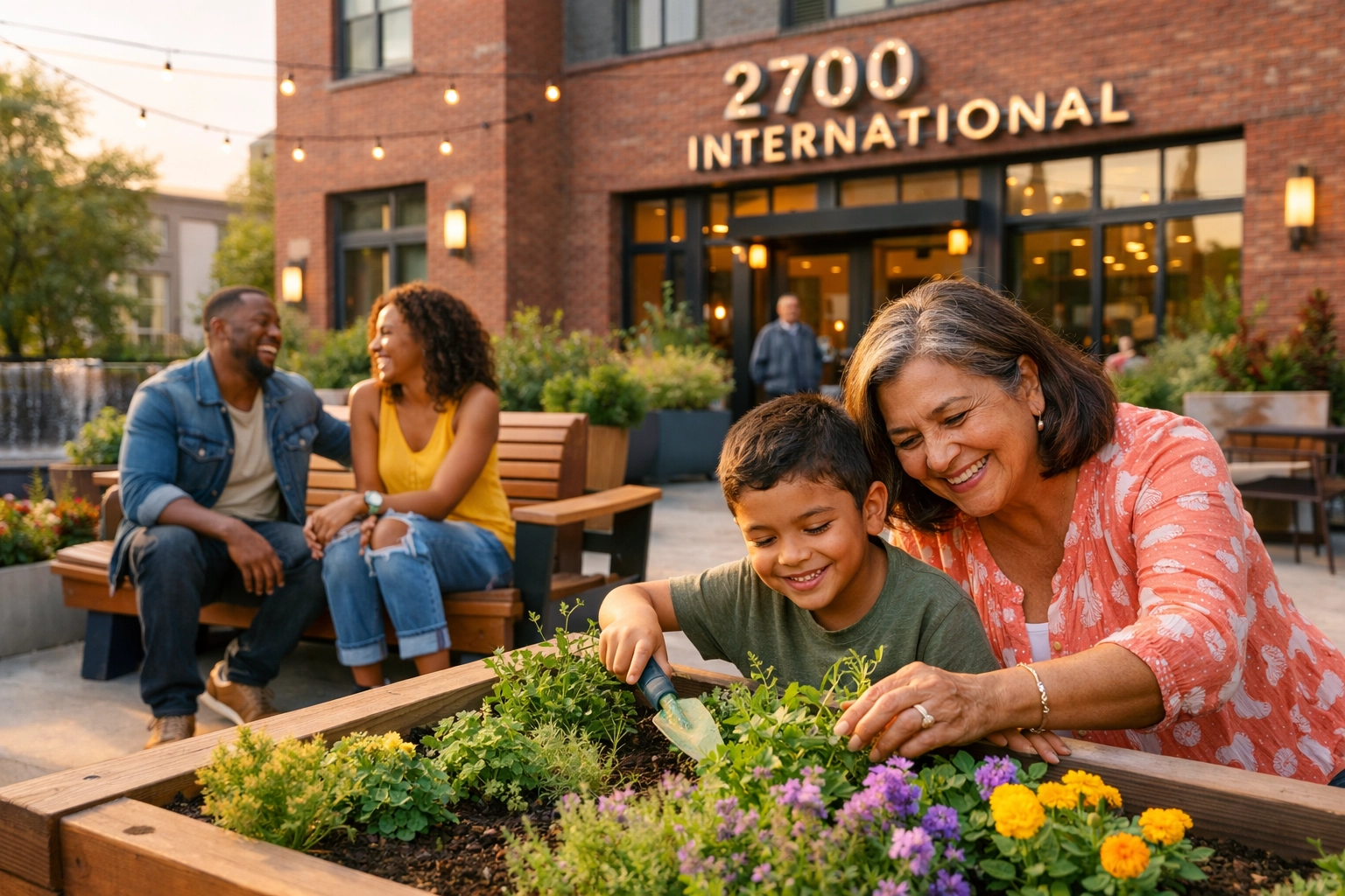 Residents interacting in the landscaped courtyard and community garden of the new Oakland housing development.