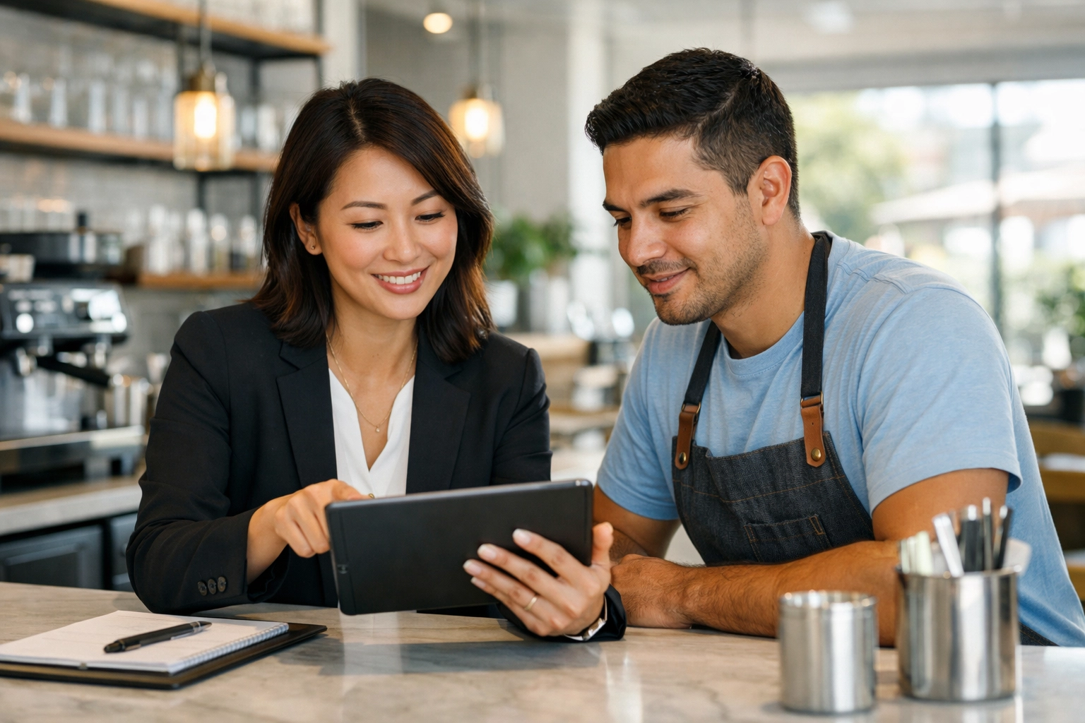 A diverse business team reviewing digital payroll and tax records for 2026 IRS compliance on a tablet.