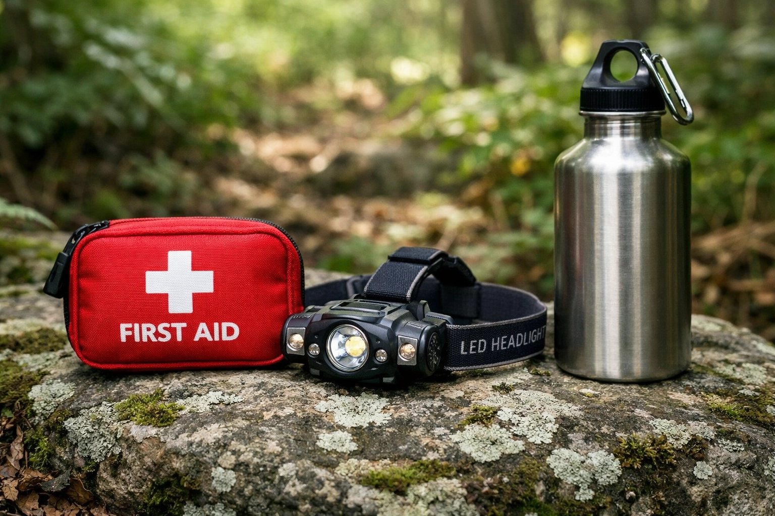 Essential outdoor survival gear including a first aid kit and head torch for a UK camping trip.