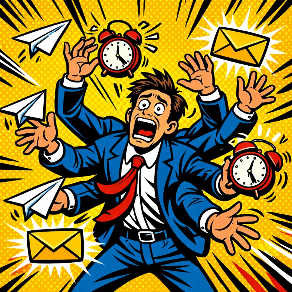 Overwhelmed small business owner frantically juggling afternoon admin tasks and emails.