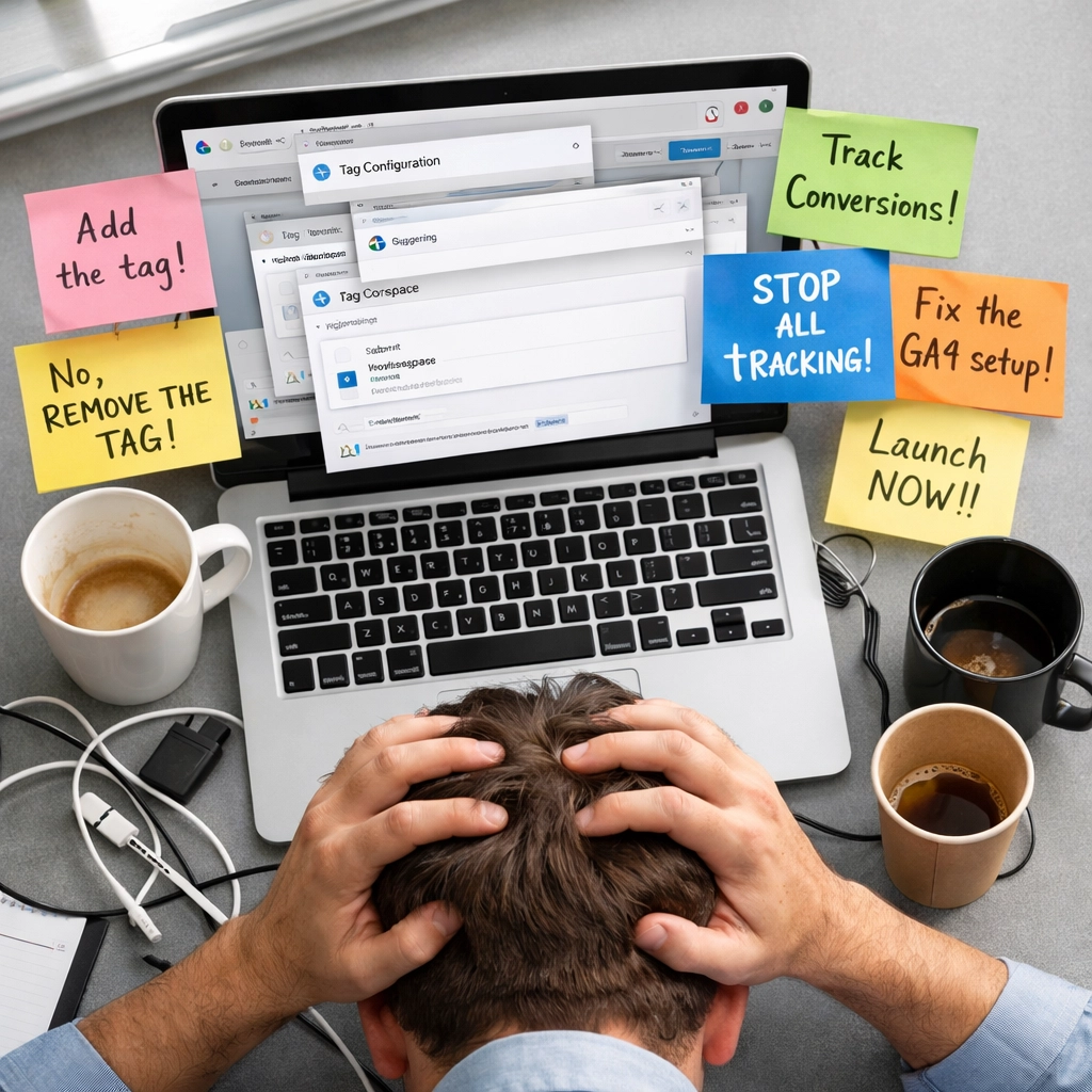 Chaotic workspace showing multiple Google Tag Manager windows and overwhelming tag management problems