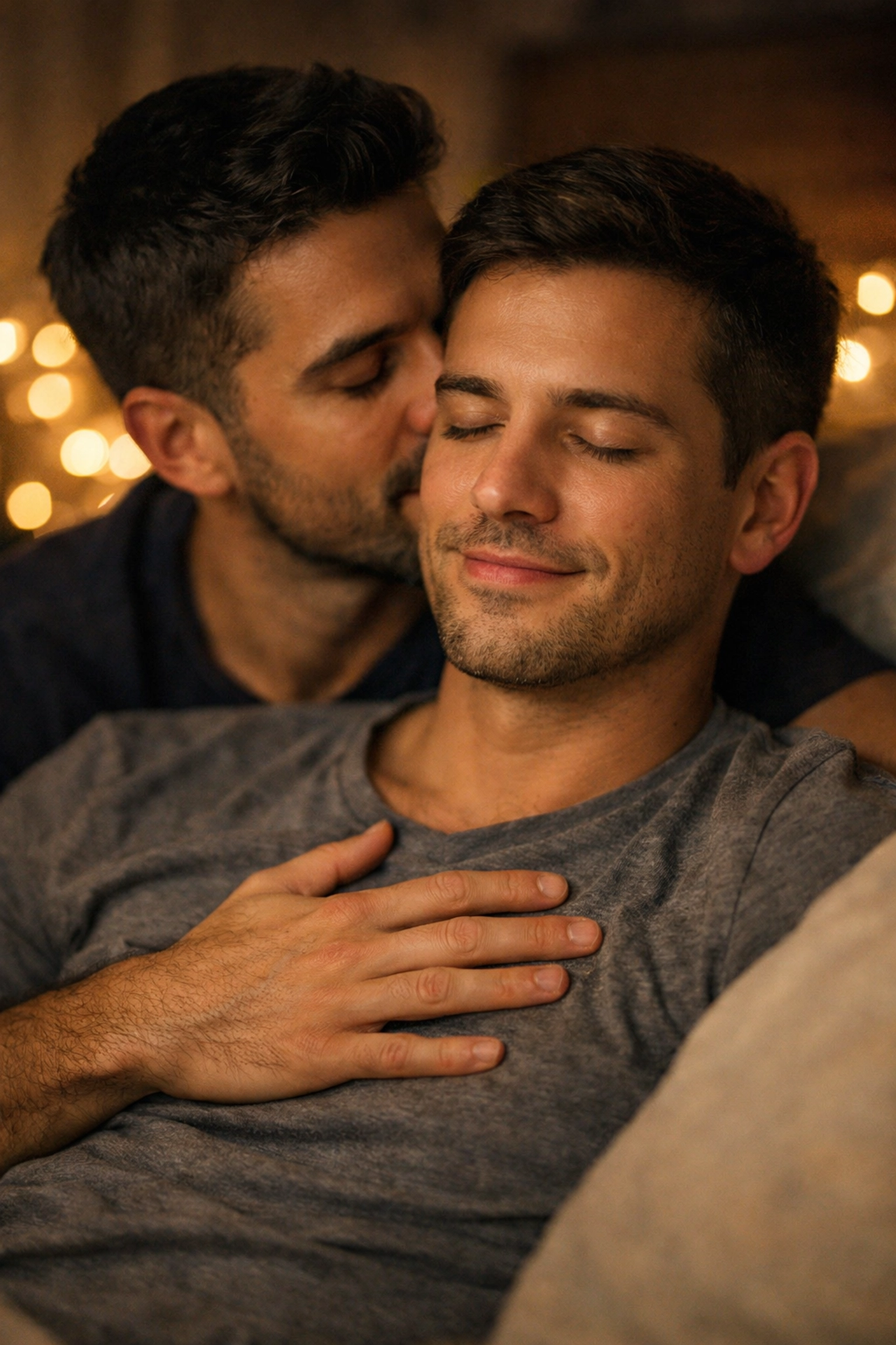 Intimate close-up of two men sharing a trusting moment of emotional connection and vulnerability.