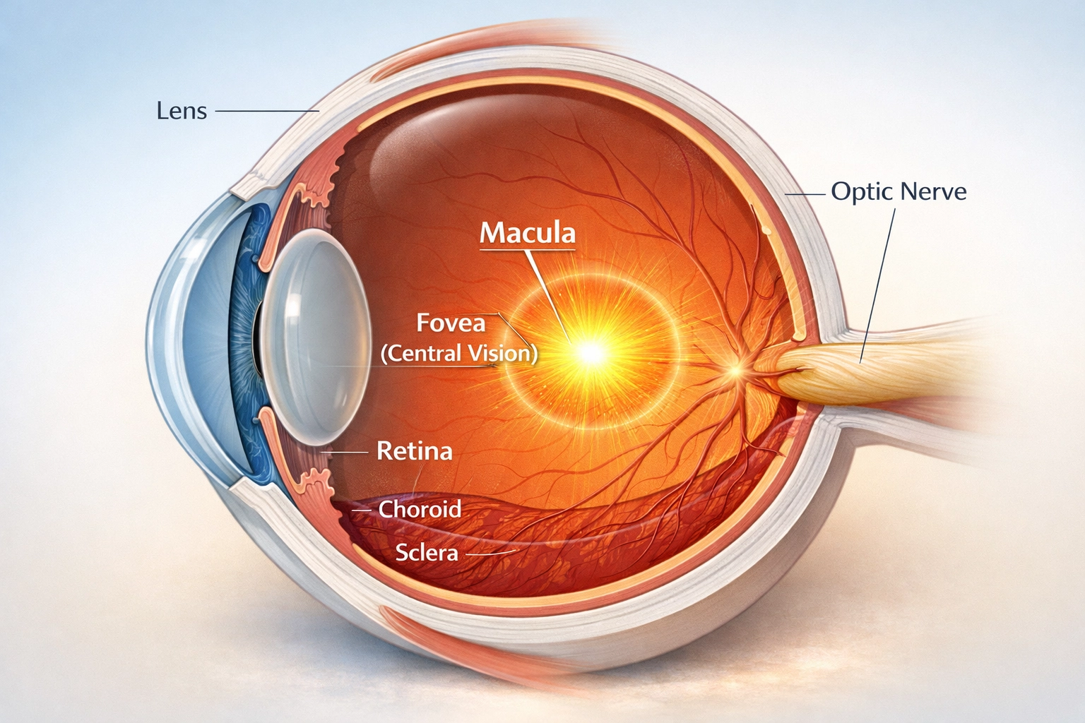 Eye anatomy diagram showing macula and retina where lutein concentrates for vision protection