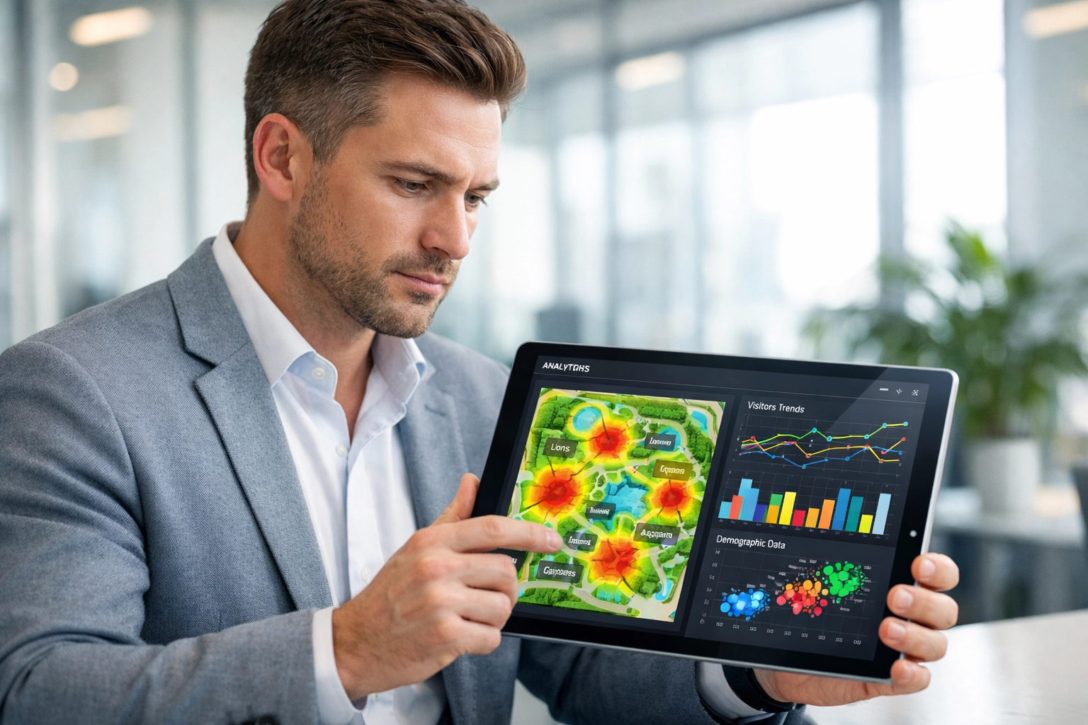 Brand manager analyzing zoo media performance data and visitor engagement metrics on a tablet.