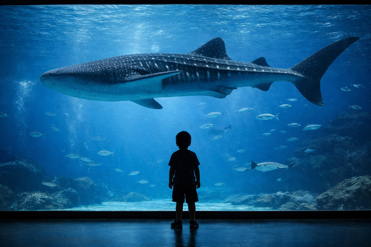 A child watching a whale shark in a large aquarium, illustrating the connection between visitors and conservation.