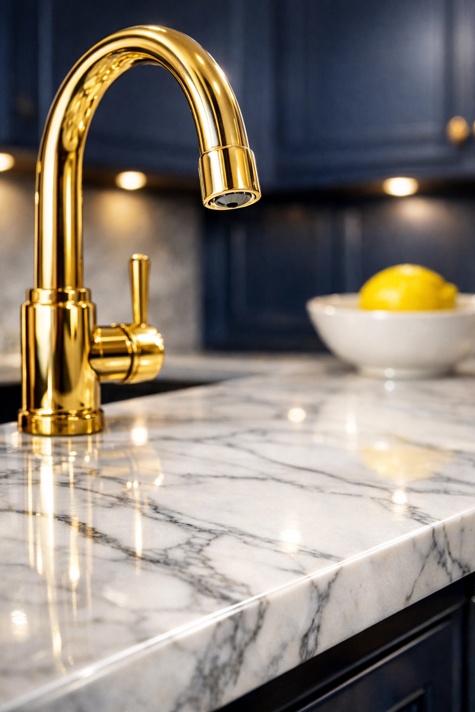 Meticulous luxury house cleaning in Milton detail of a streak-free marble kitchen counter and gold fixtures.