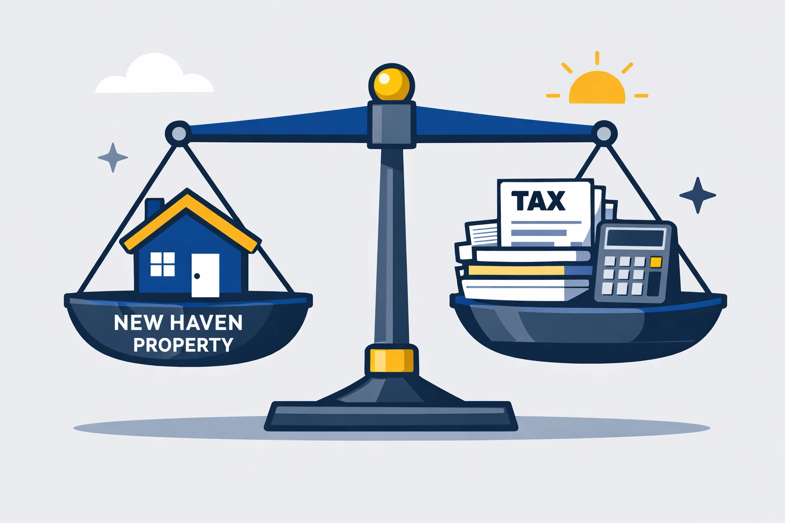 Balanced scales showing New Haven property tax vs federal deductions for Connecticut small business owners.