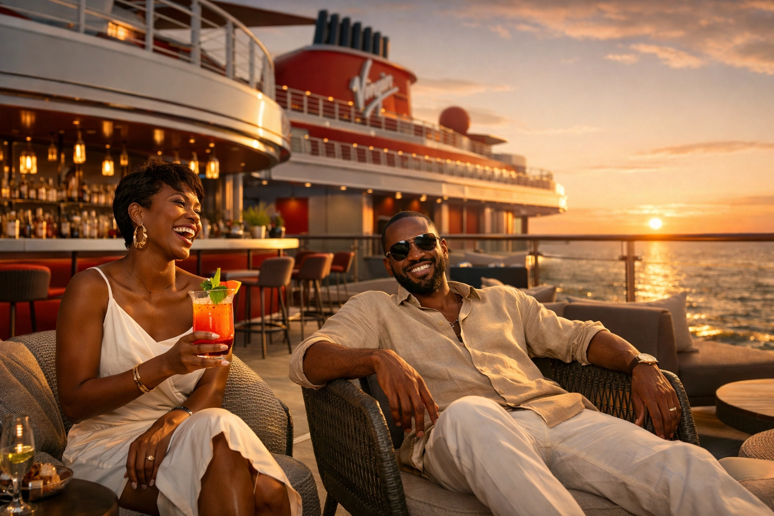Couples enjoying an adults-only Virgin Voyages cruise with cocktails on a luxury boutique-style ship deck.