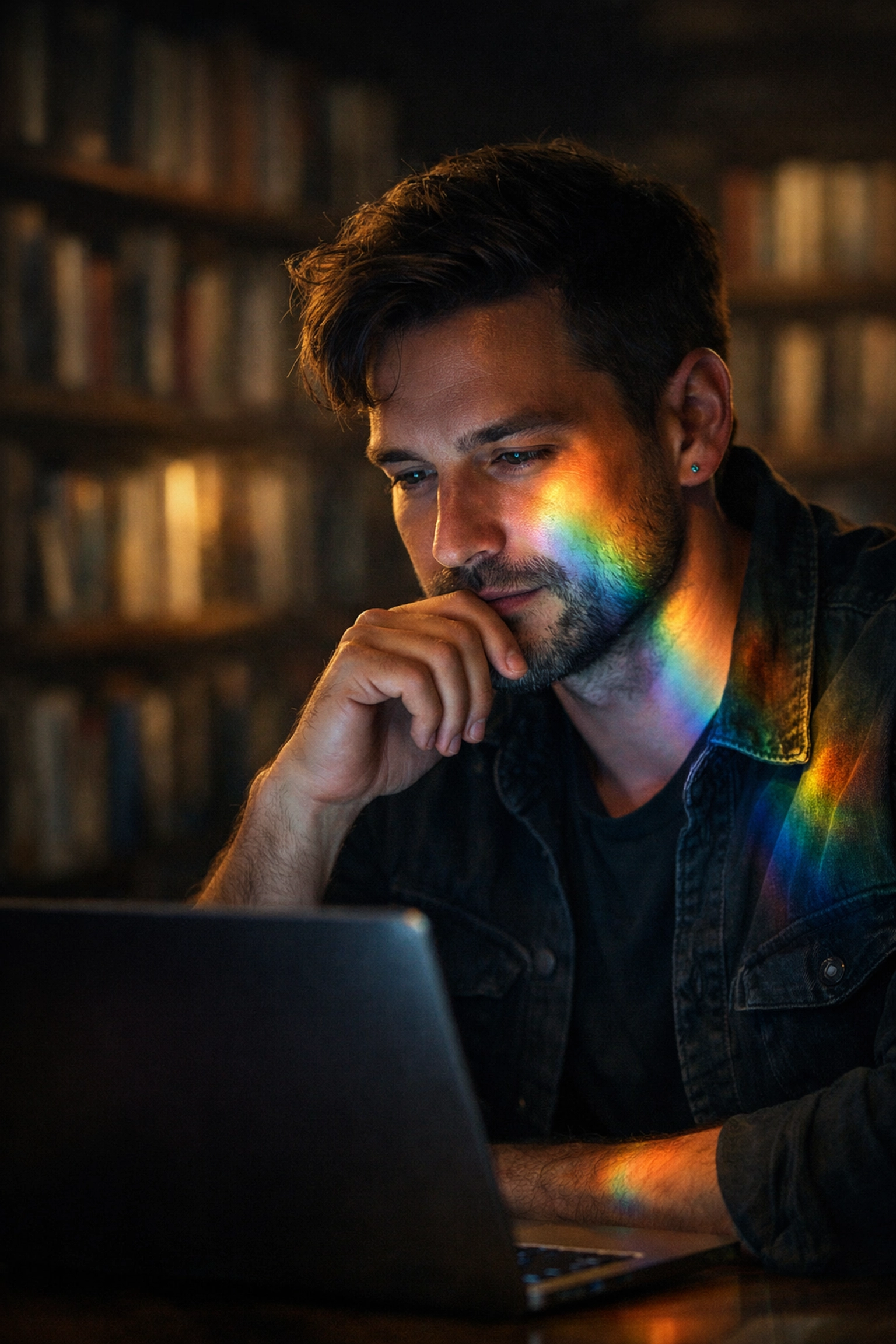 Gay author using a laptop in a library to manage his MM romance profile with high SEO visibility.