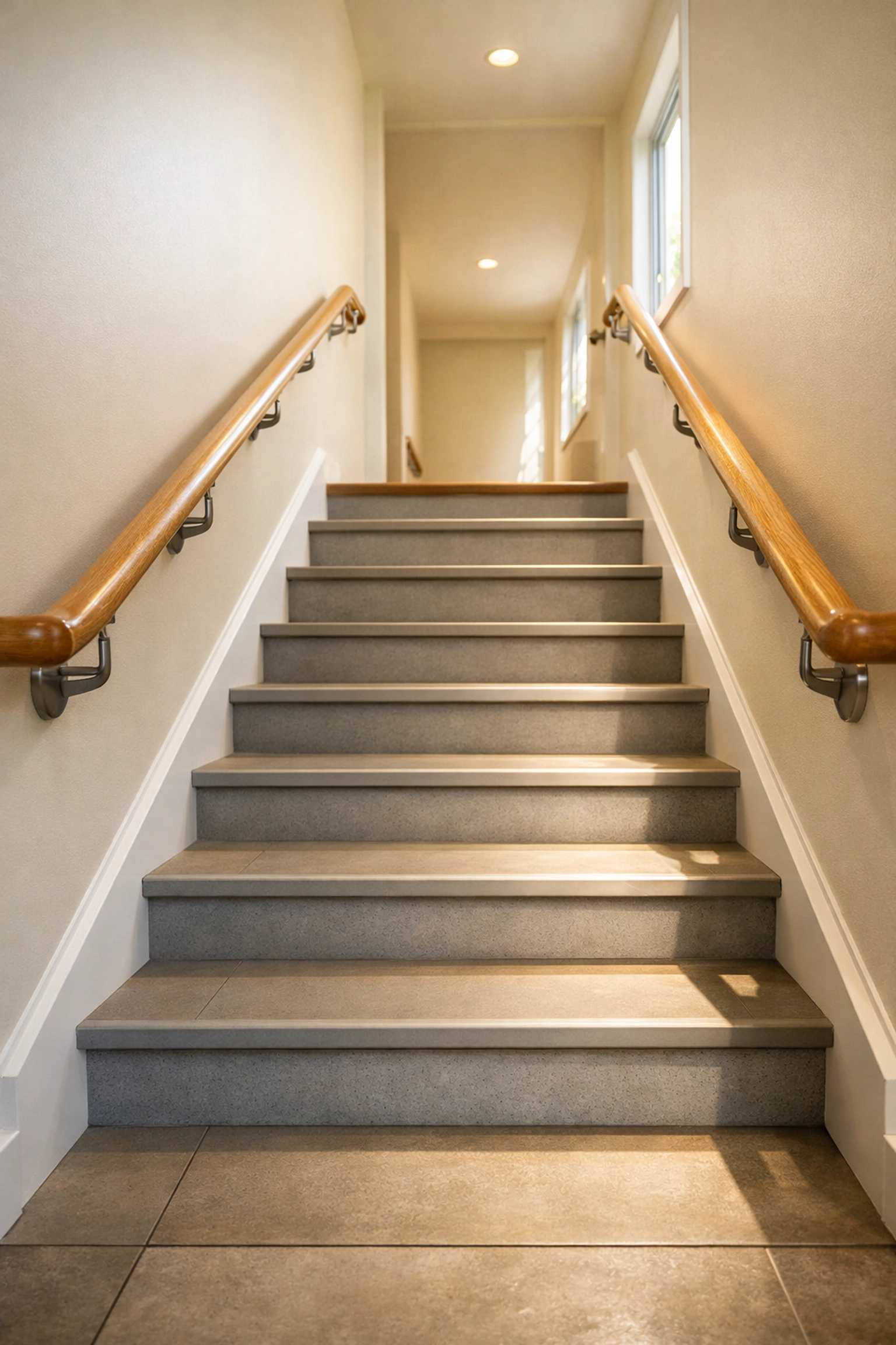 Safe indoor staircase with sturdy dual handrails installed on both sides for senior fall prevention.