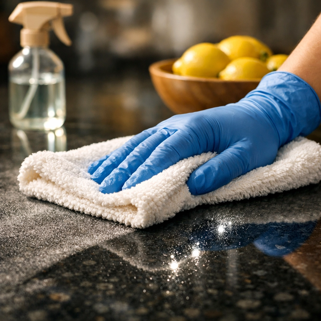 Using a microfiber cloth and green cleaning solutions to wipe construction dust from a countertop.