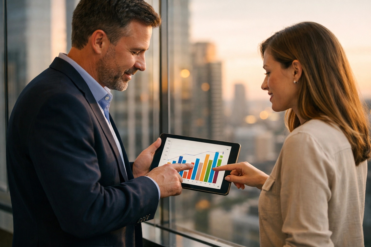 Business professionals reviewing strategic media buying data to improve brand partnership ROI.