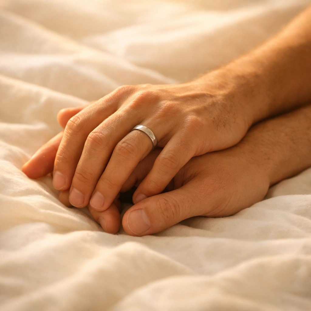 Two men's hands intertwined in morning light representing intimate MM romance and secret gay relationship
