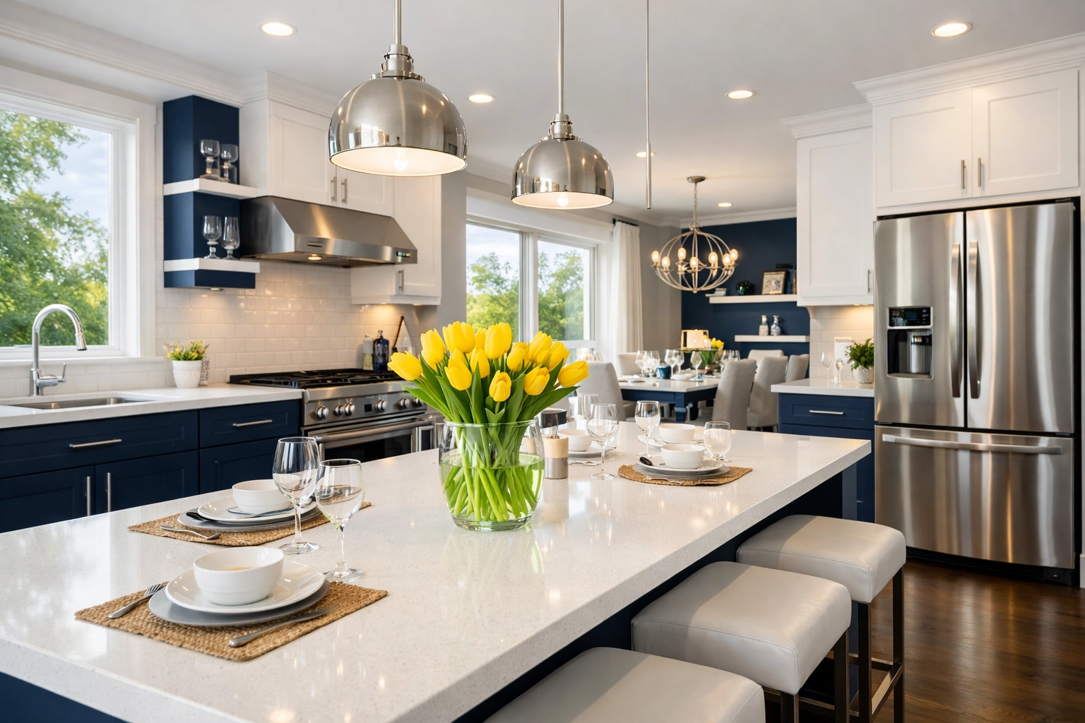 Pristine kitchen with white countertops and stainless steel prepared by professional cleaners in Leominster MA.