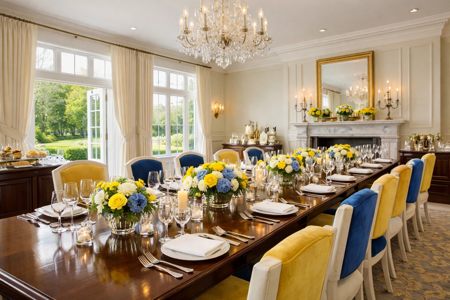 A sun-drenched Wellesley dining room staged for an event after professional house cleaning and deep cleaning.