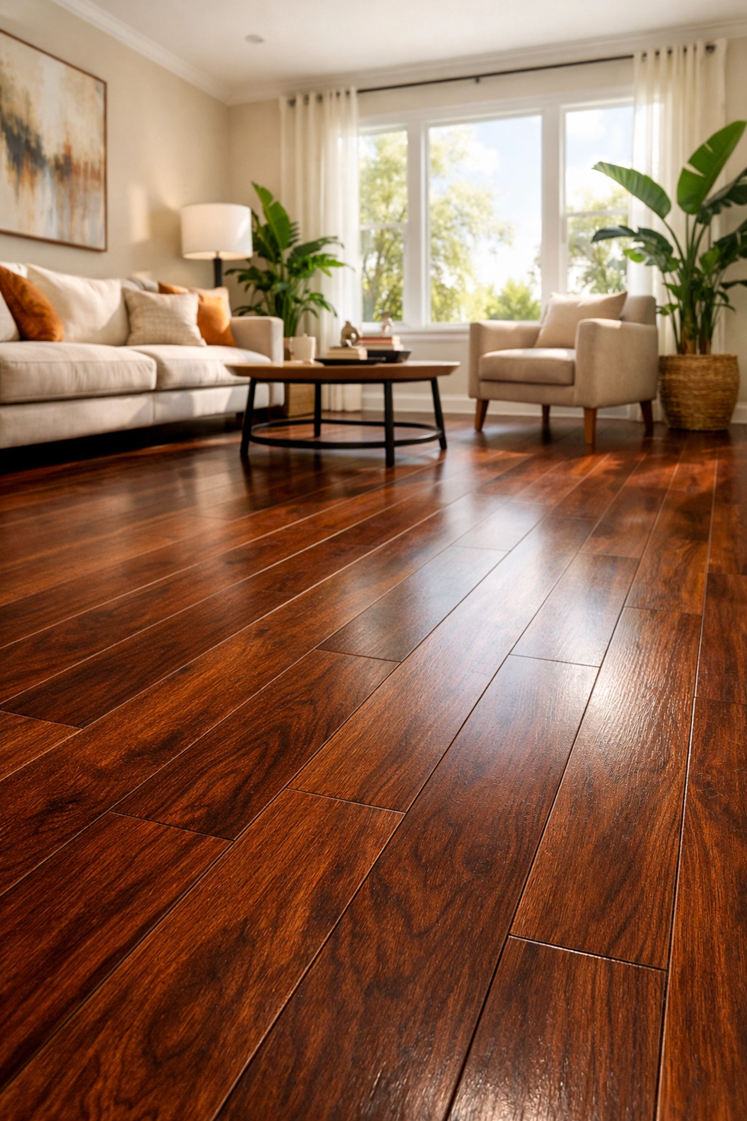 Luxury vinyl plank flooring installation in Central Florida living room with mahogany tones