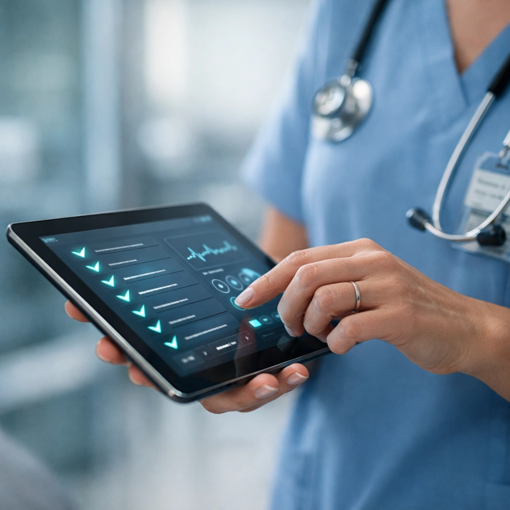 Nurse practitioner reviewing real-time clinical decision support and validation on a digital tablet.