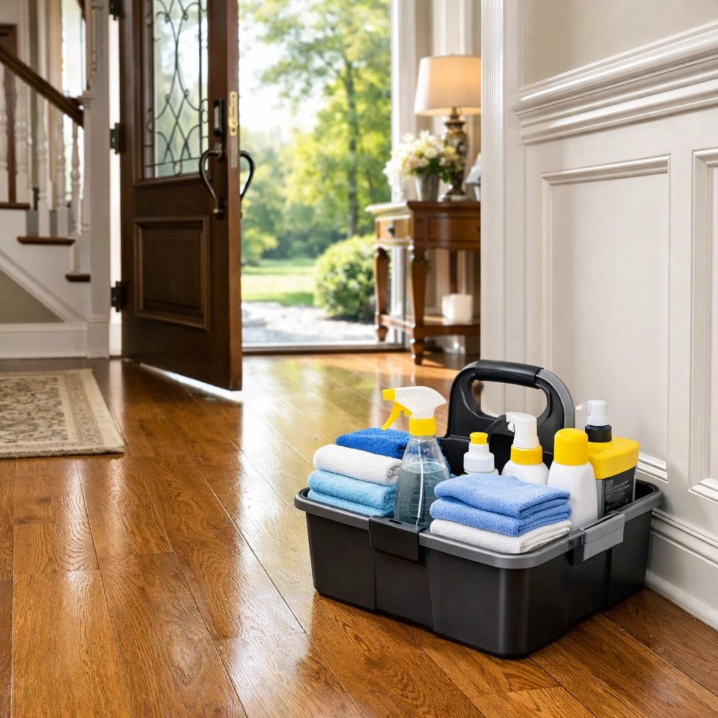 A professional cleaning caddy in a bright Bolton, MA entryway representing reliable house cleaning services.