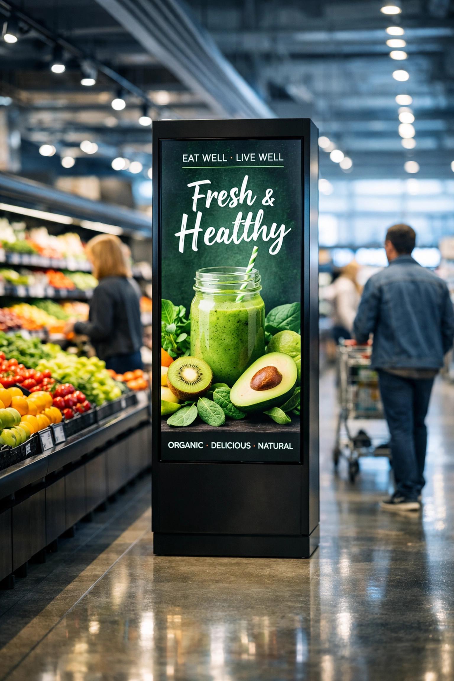 Digital advertising pillar in a grocery store influencing local shopper decisions.