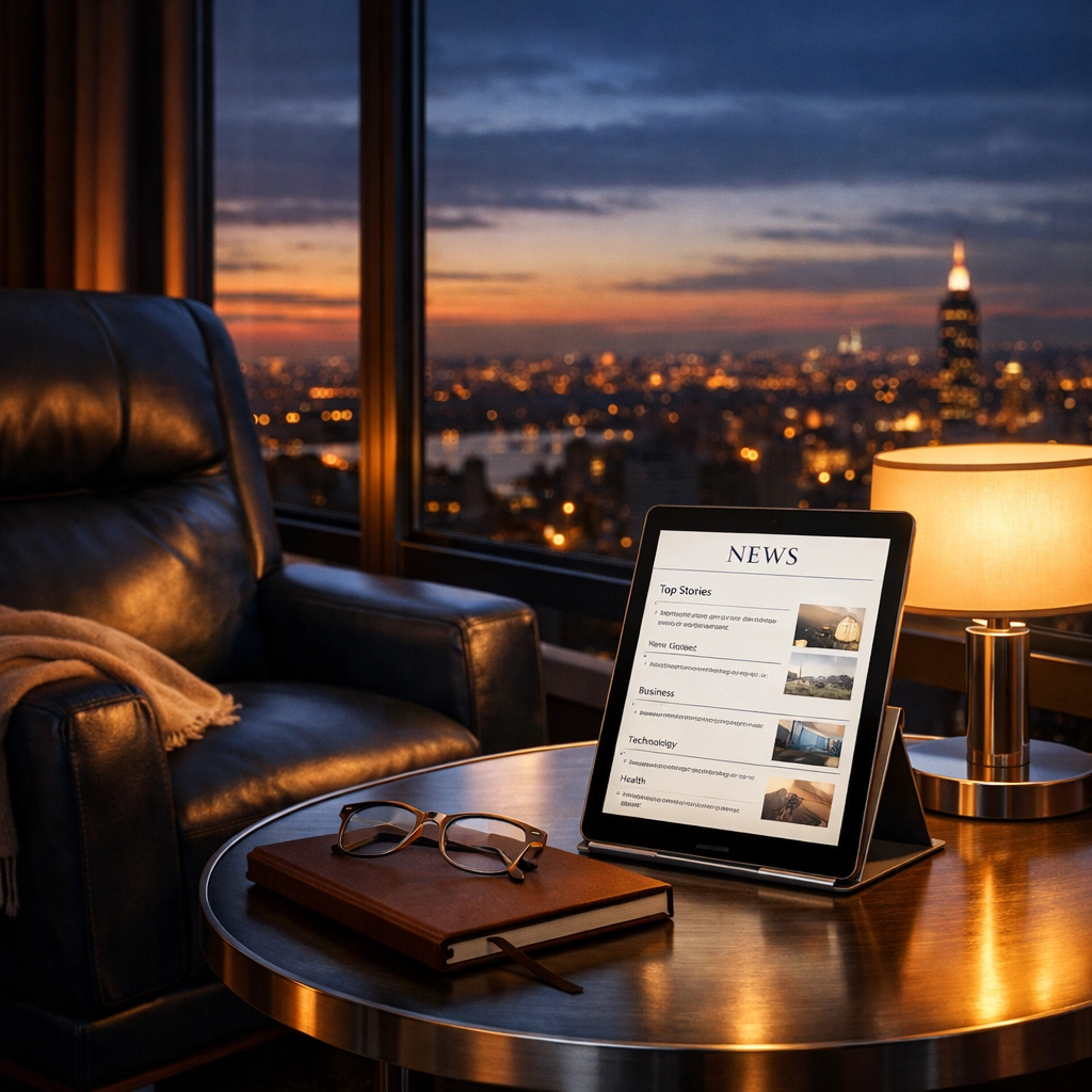 Evening reading chair with tablet showing peaceful news format and journal
